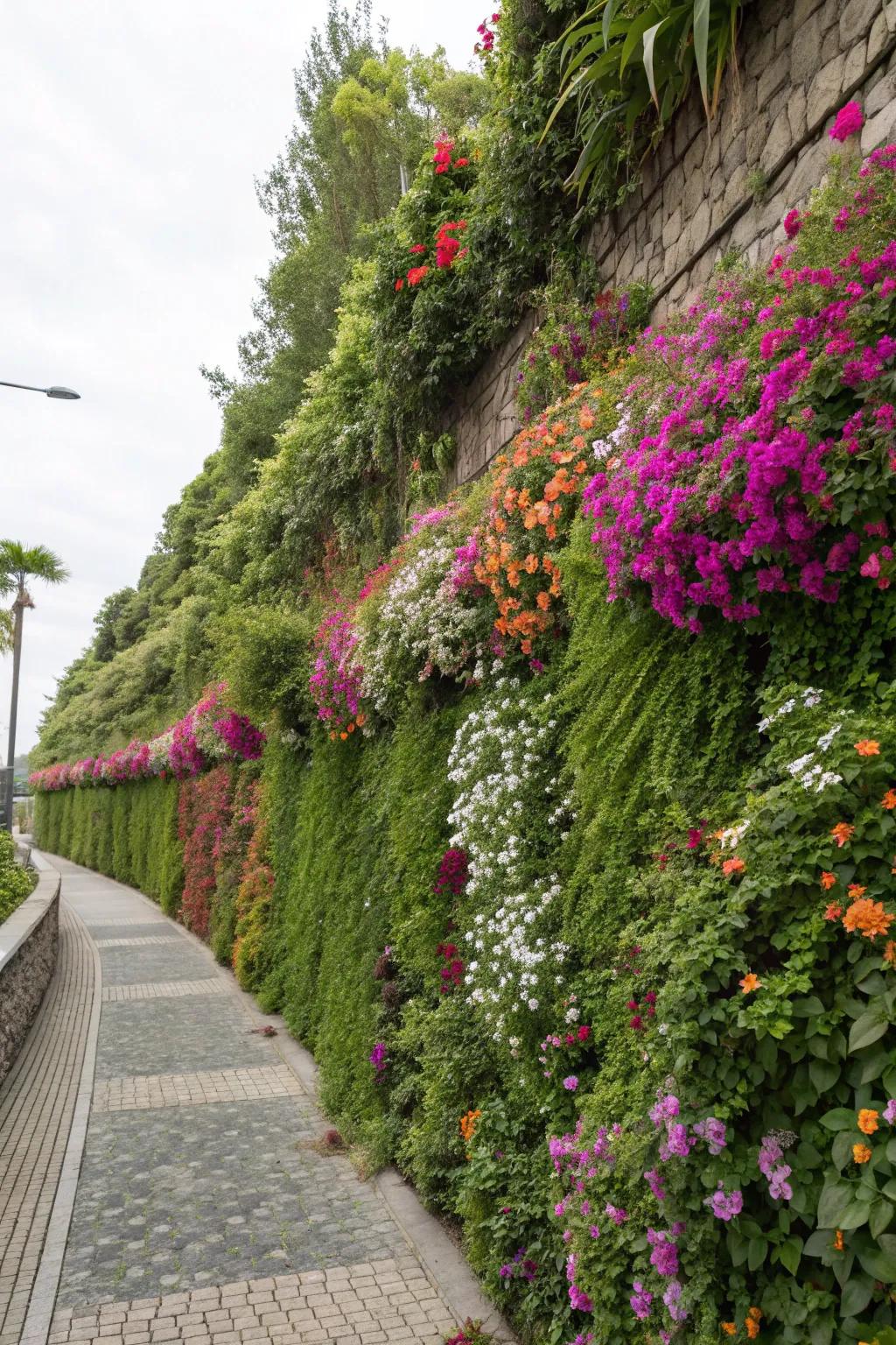 A vibrant vertical garden with cascading plants.