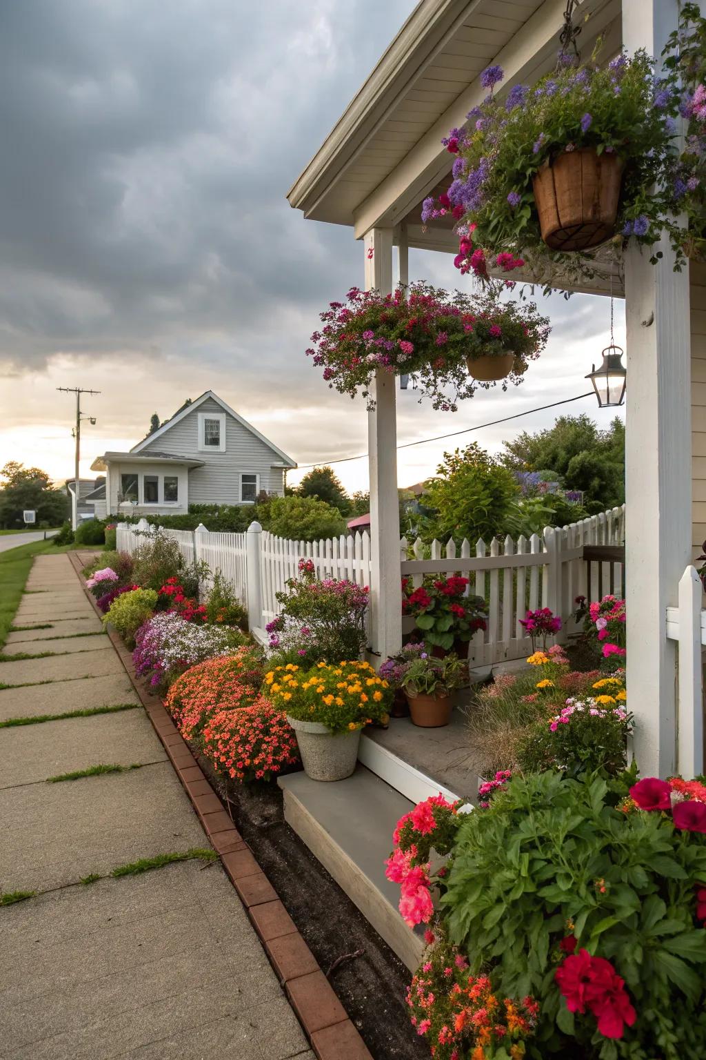 A welcoming entryway blending porch and flower bed.