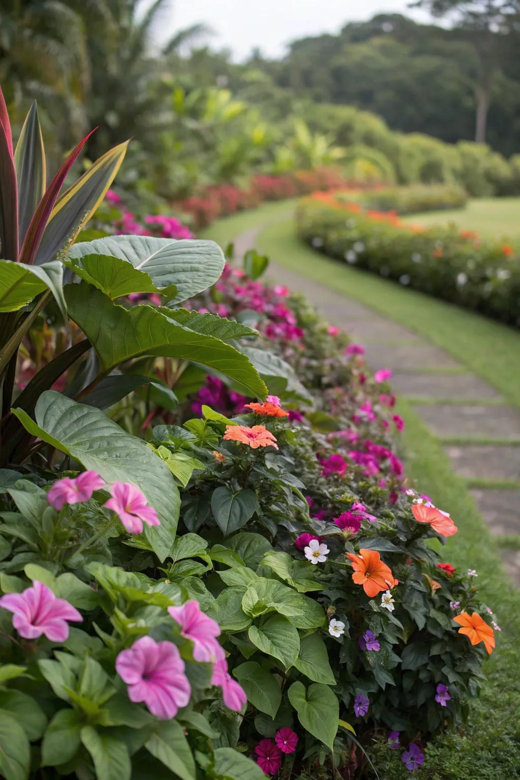 Tropical plants and bright flowers creating an exotic garden feel.