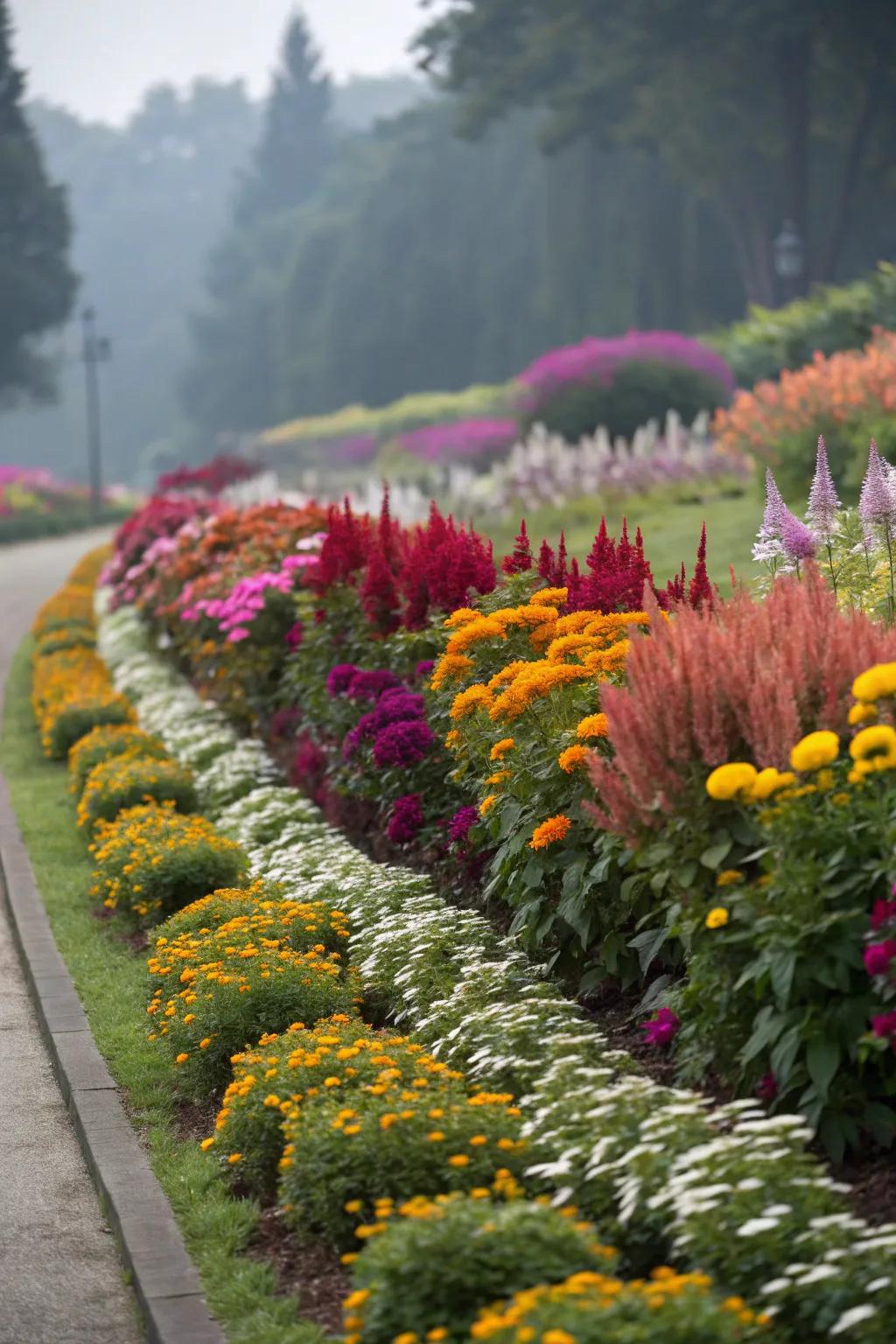 Layered planting creating depth and vibrant colors in a flower bed.