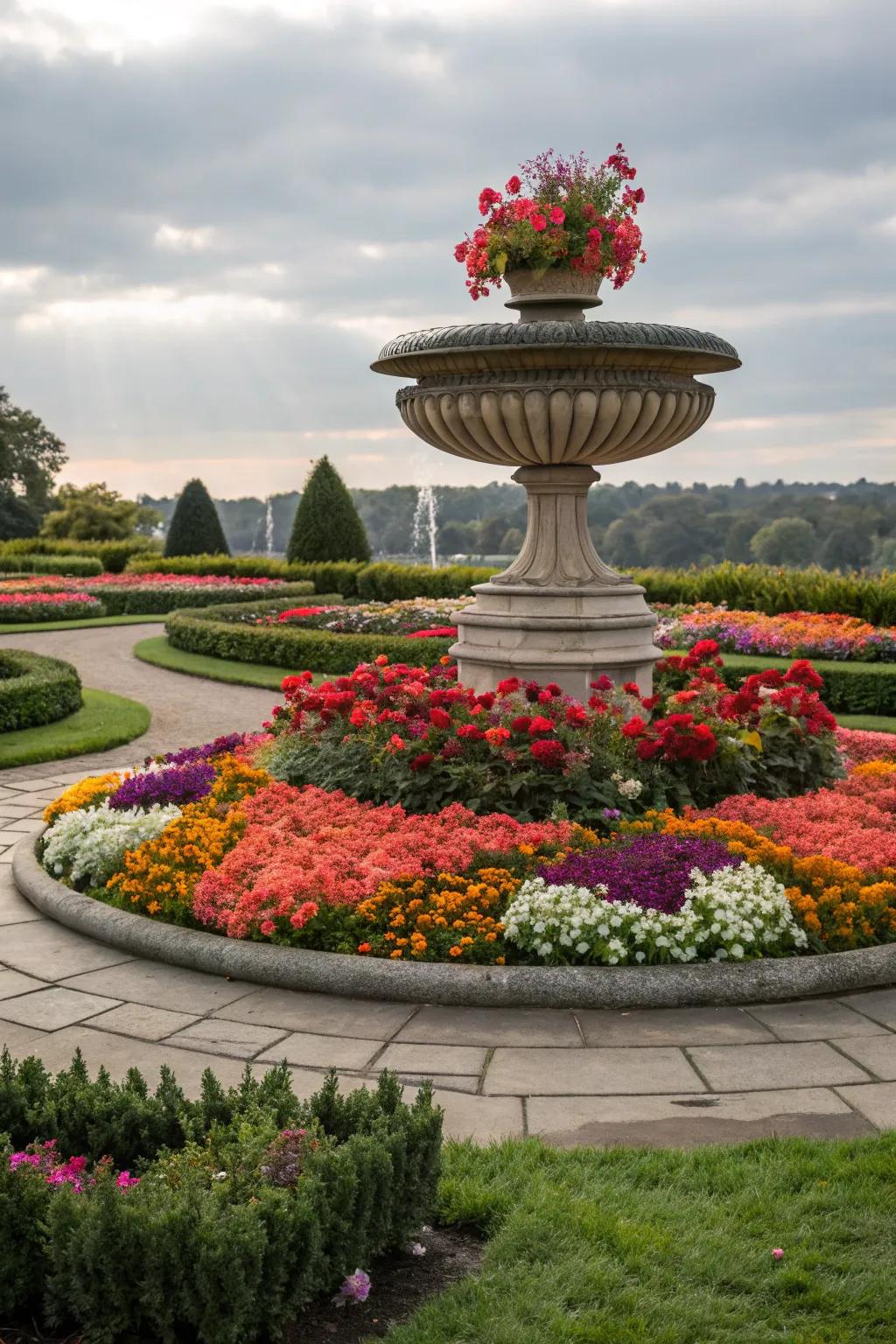 Circular flower bed serving as a garden focal point.