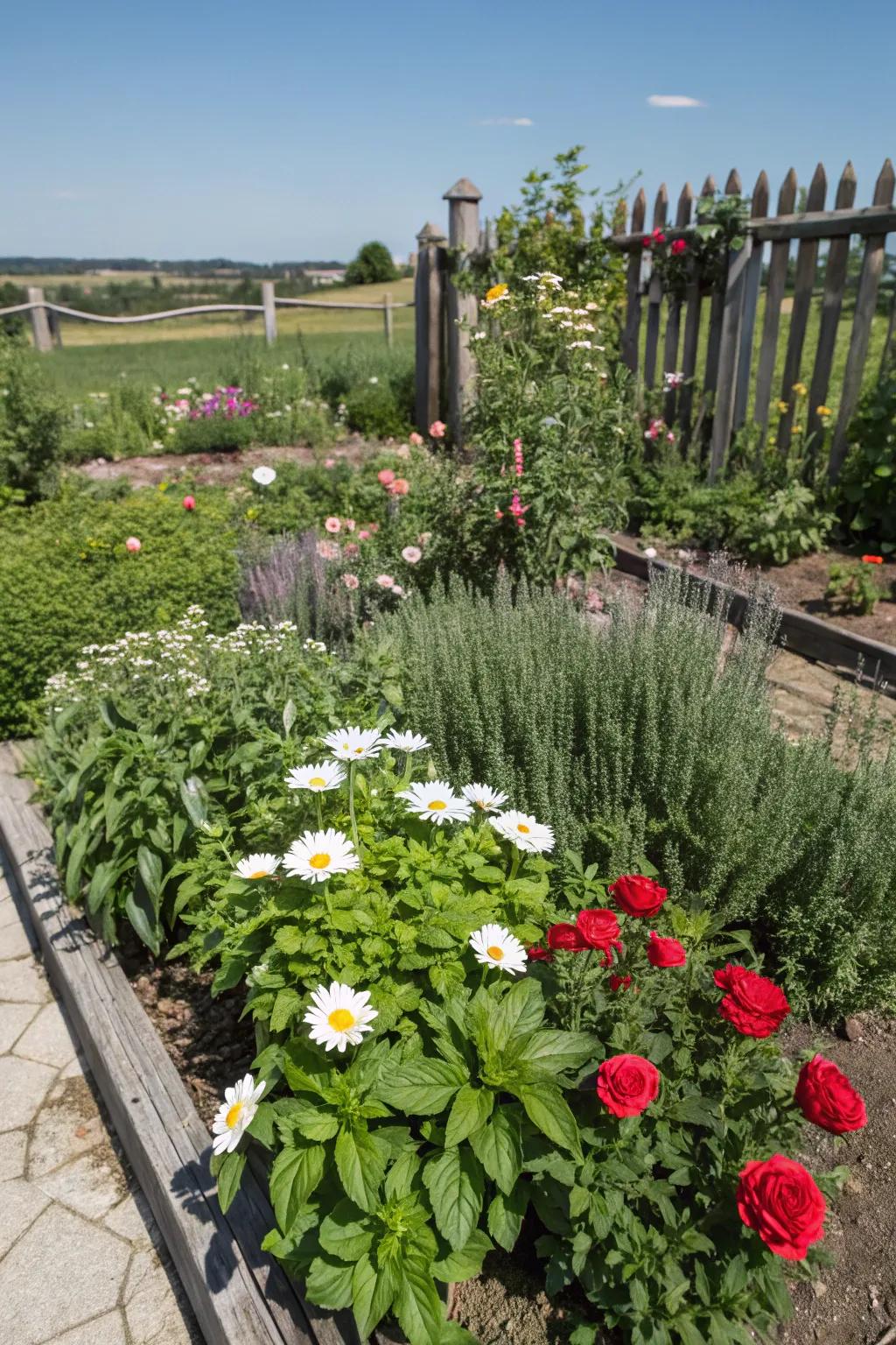 A garden combining herbs and flowers for beauty and utility.