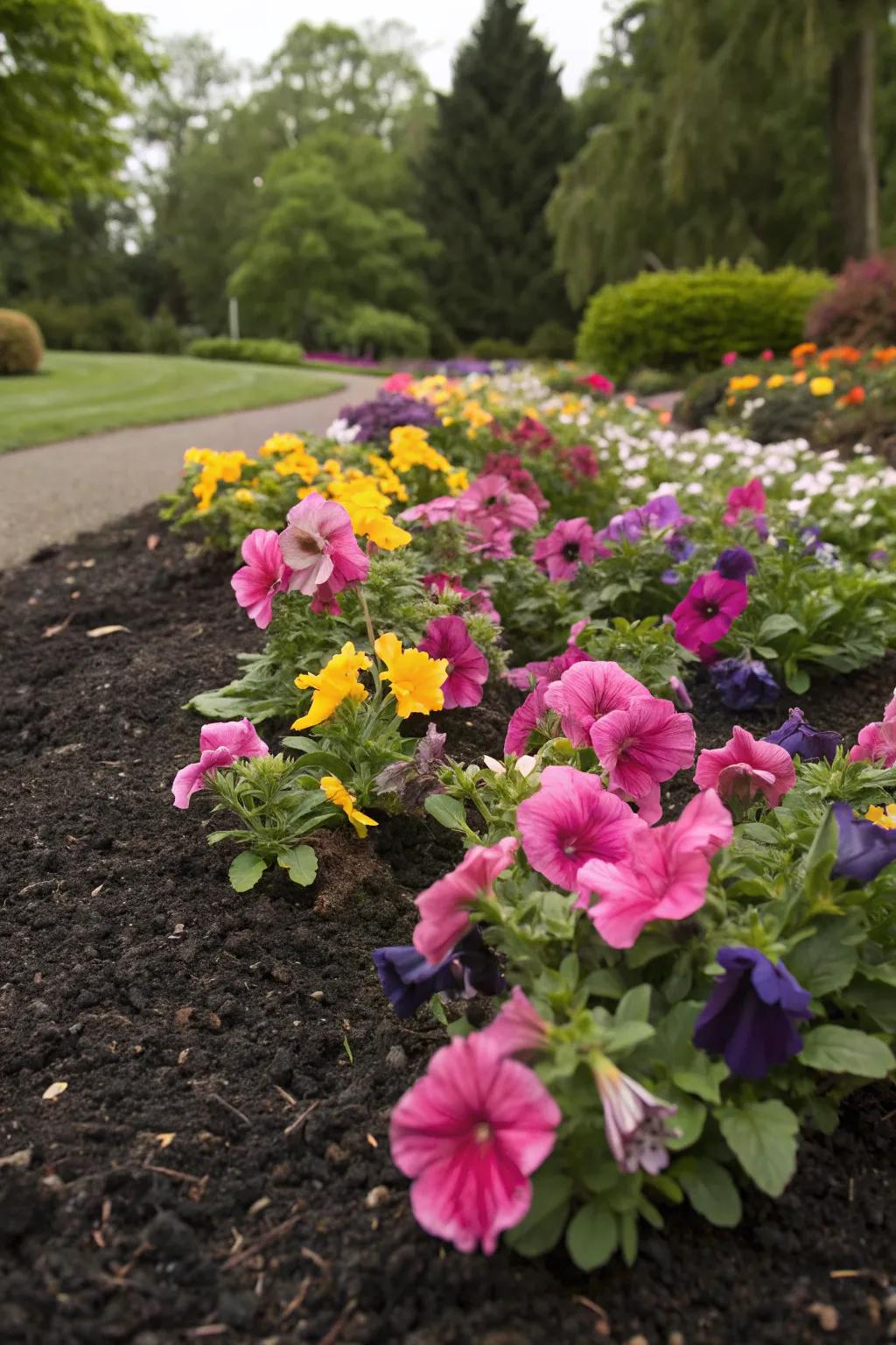 Dark mulch contrasting beautifully with colorful flowers.