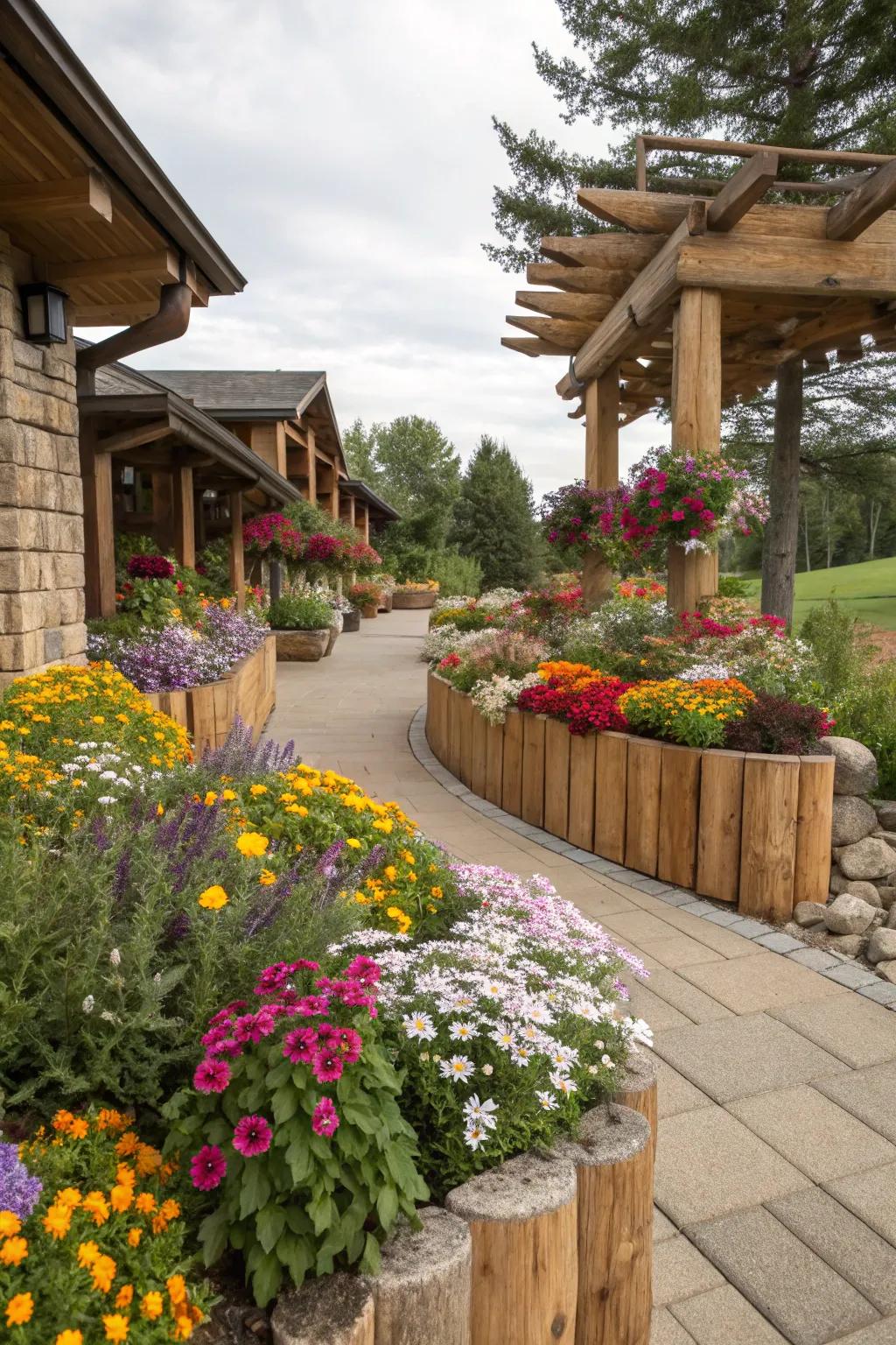 Wooden features adding rustic charm to a flower bed.
