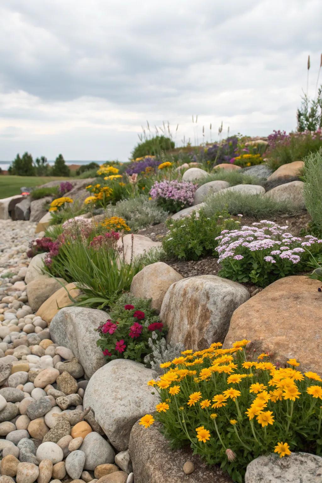 Natural stones enhancing texture and structure in a flower bed.