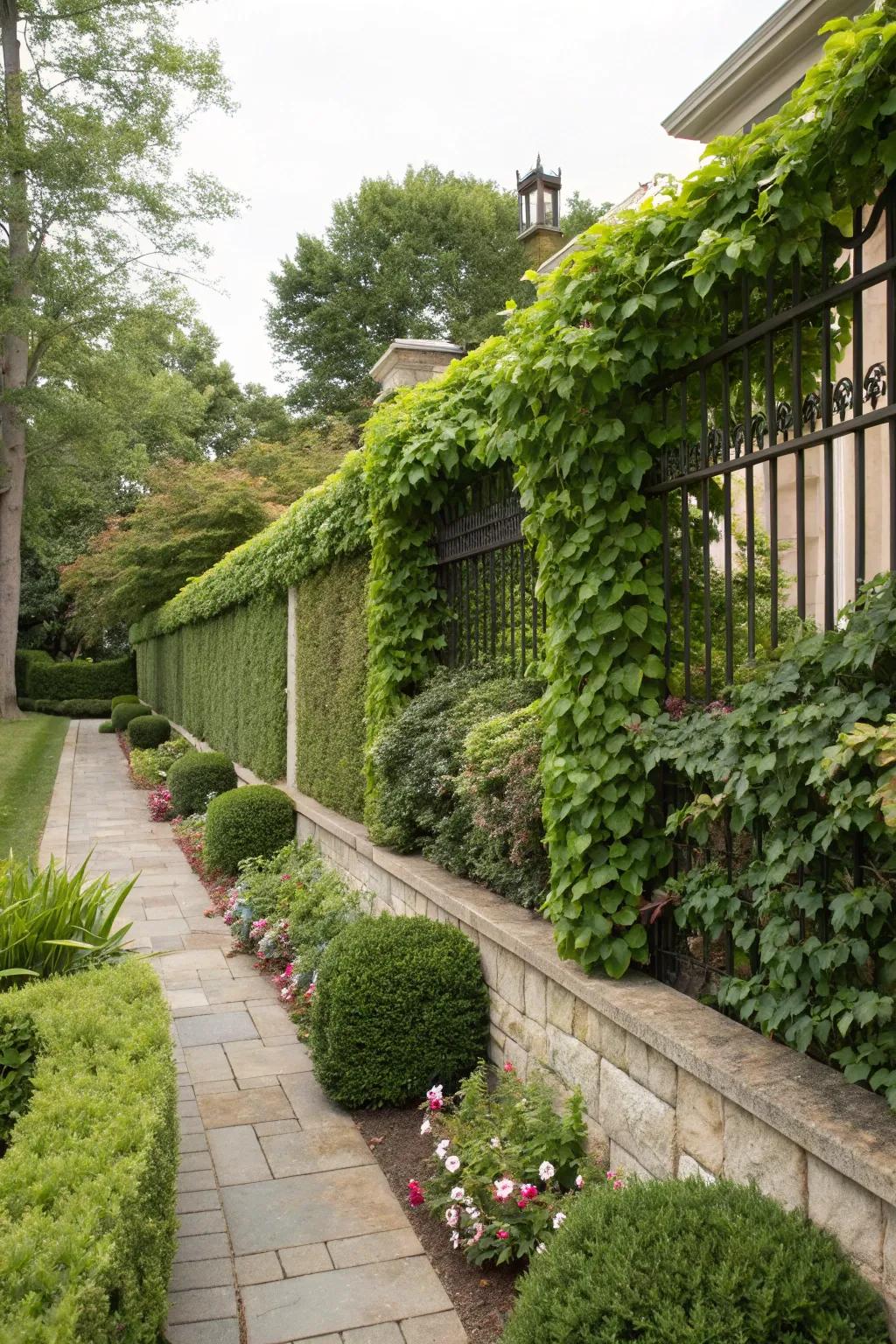 Climbing plant fences create lush, evolving green walls that enhance outdoor beauty.