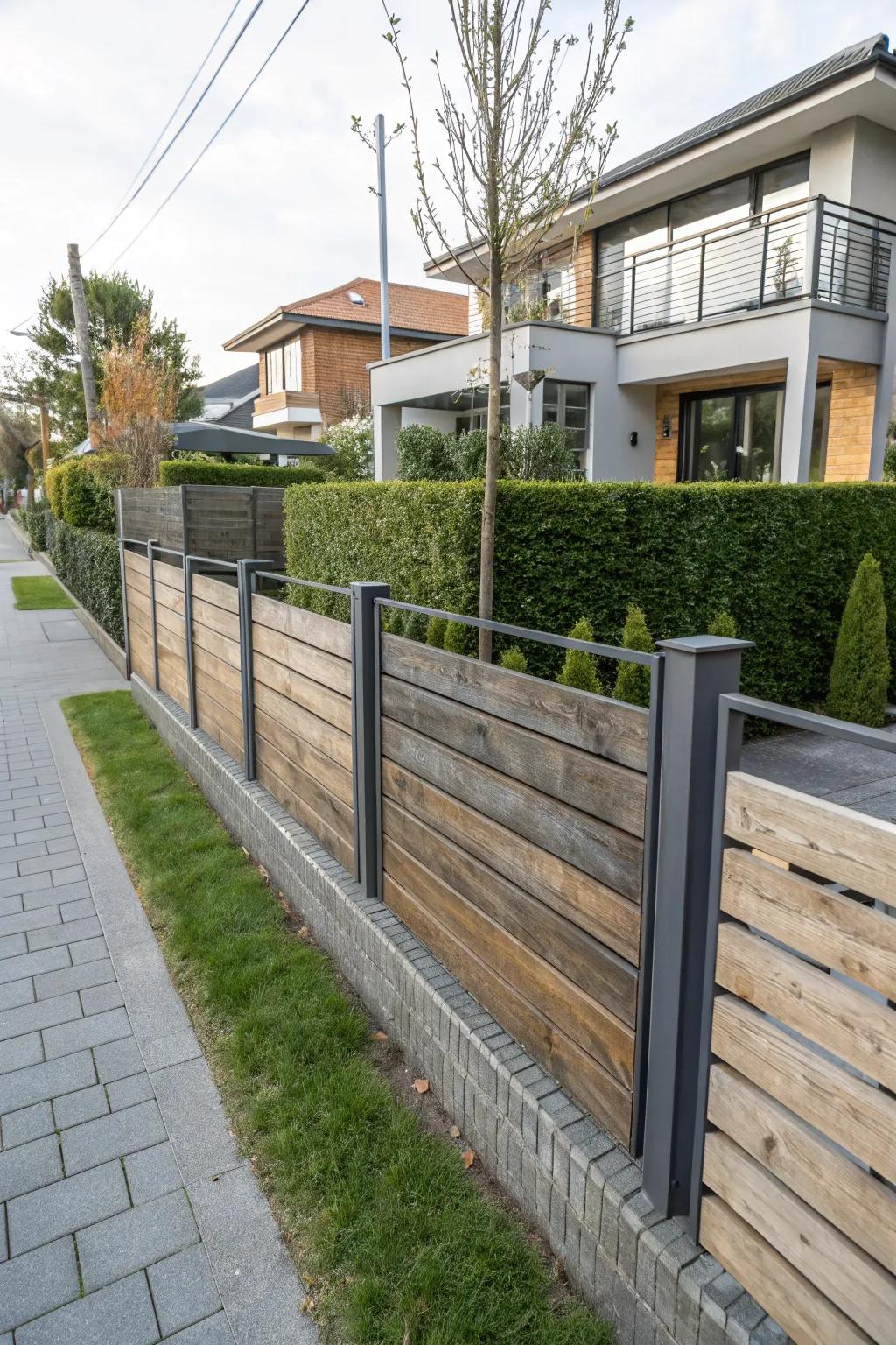 Combining wood and metal creates a fence that balances natural warmth with industrial strength.