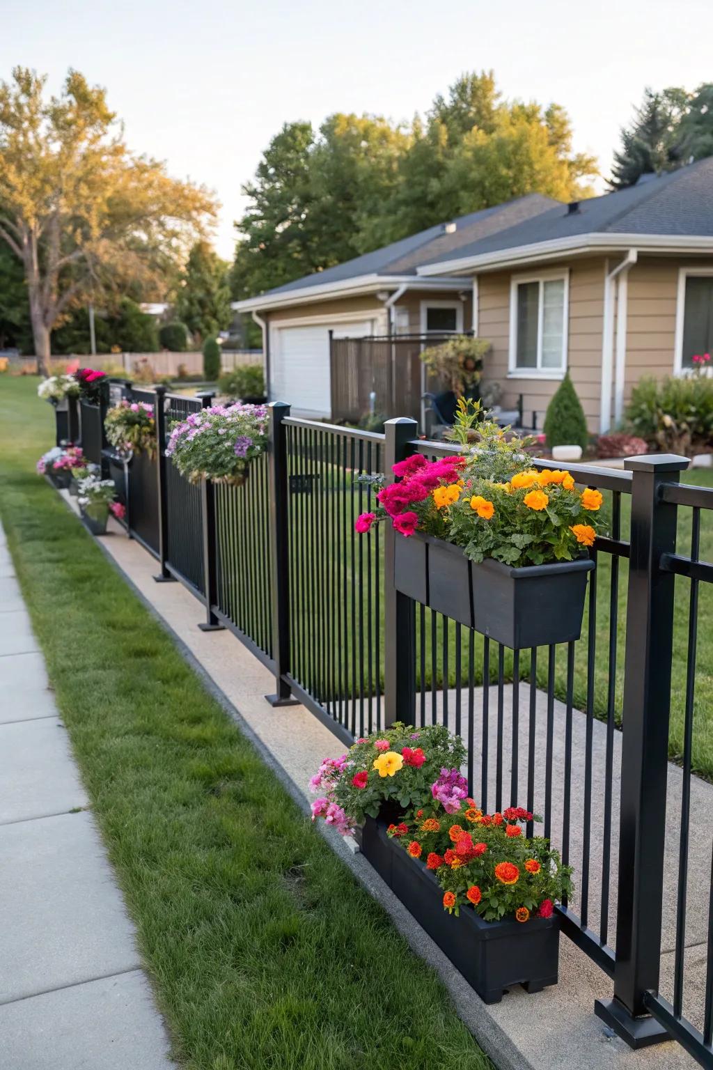 Colorful planters attached to fences add vibrancy and personality.
