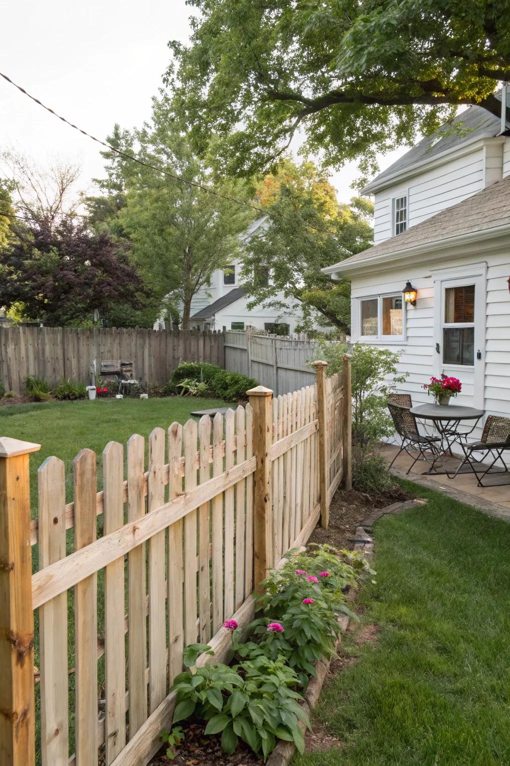 Horizontal wood slats create a cozy yet private boundary.