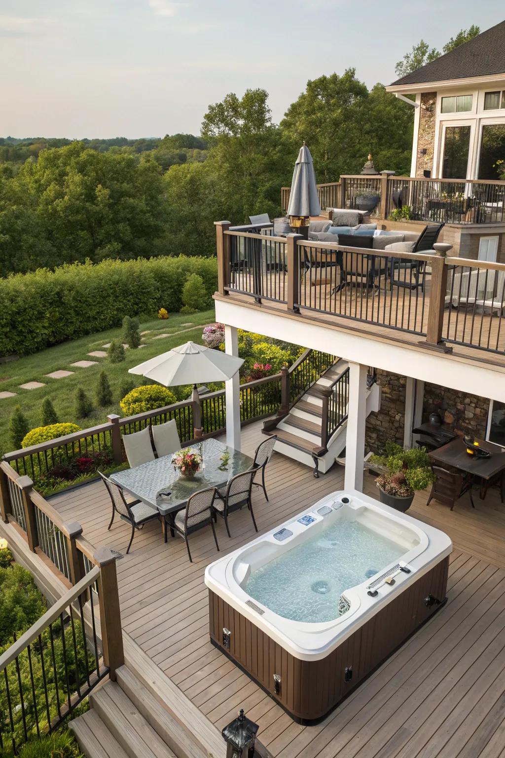 Multi-level decks present adaptable spaces for varied activities.