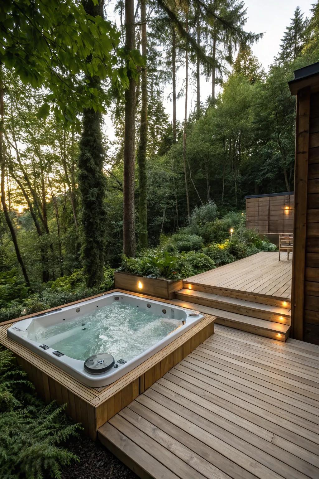 Savor the coziness of natural wood for an intimate hot tub setting.