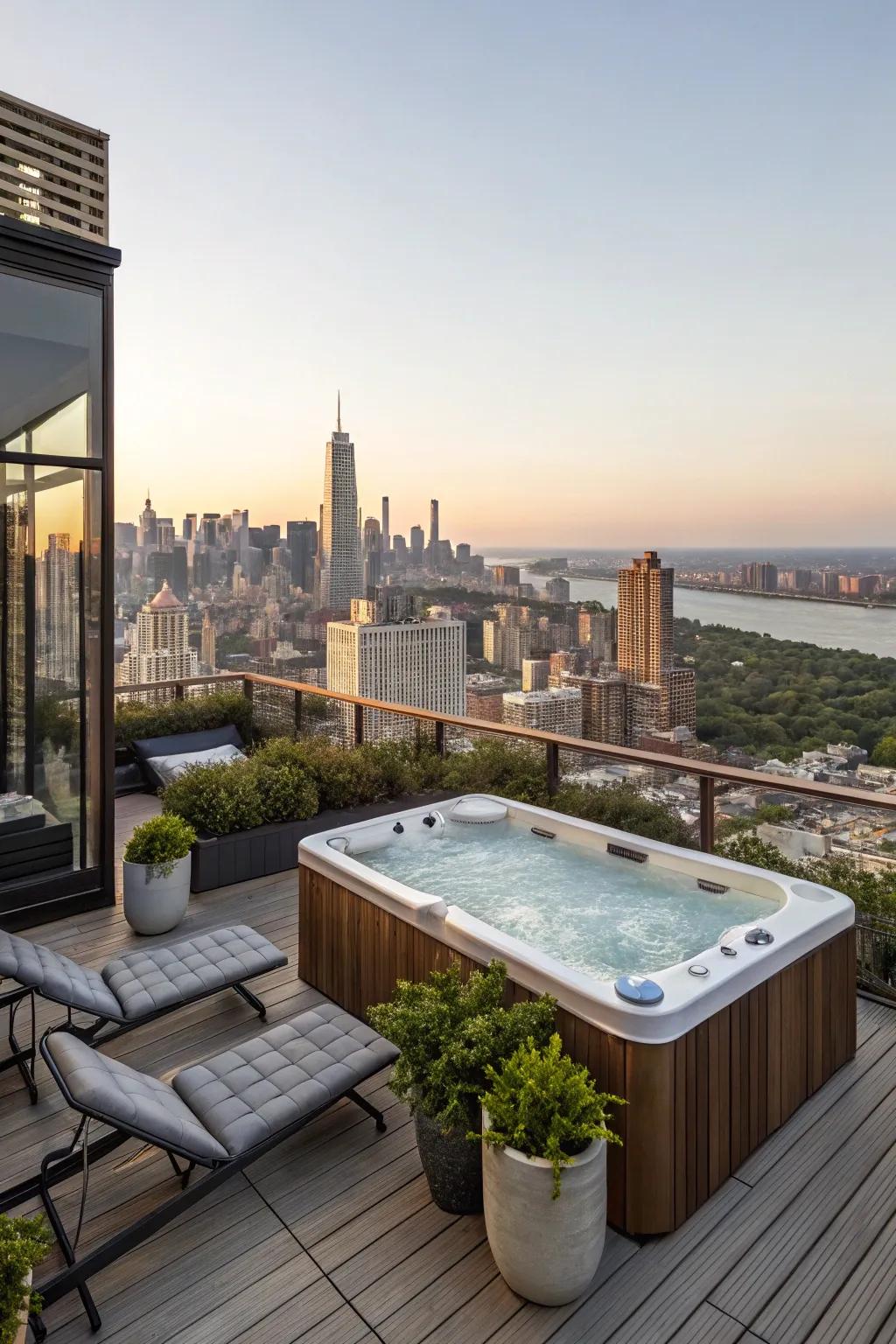 A rooftop hot tub deck delivers breathtaking views and a tranquil escape.