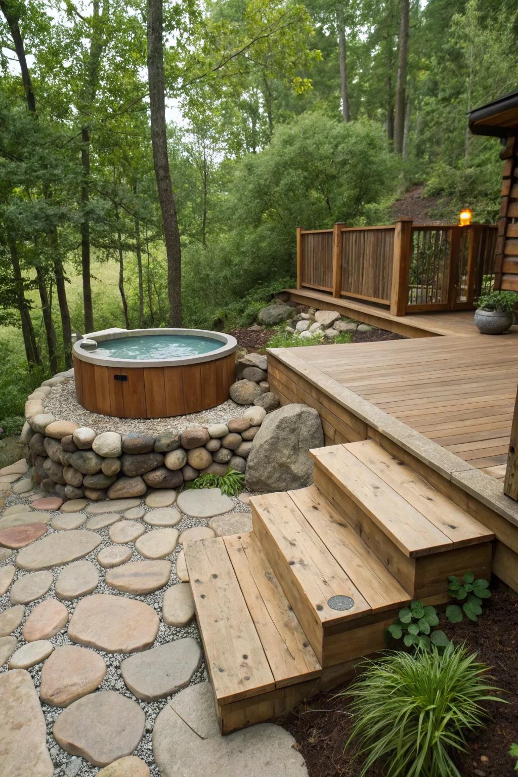 Rustic charm with stone and wood creates a cozy atmosphere.