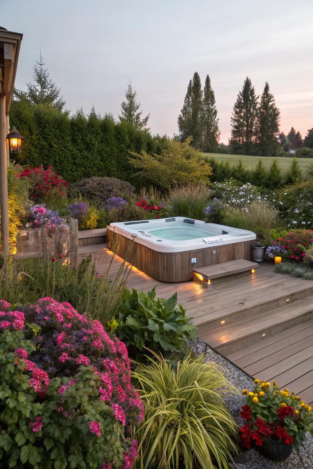 A garden oasis surrounding your hot tub elevates tranquility.
