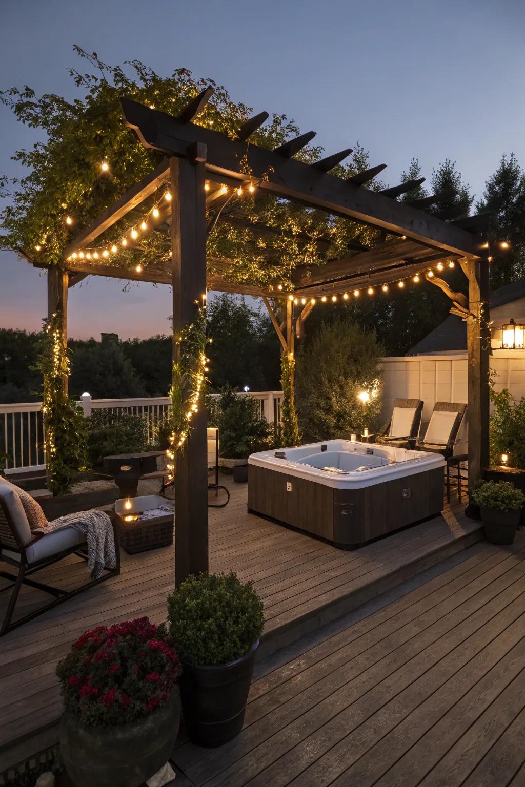 A pergola infuses elegance and shade to your hot tub deck.