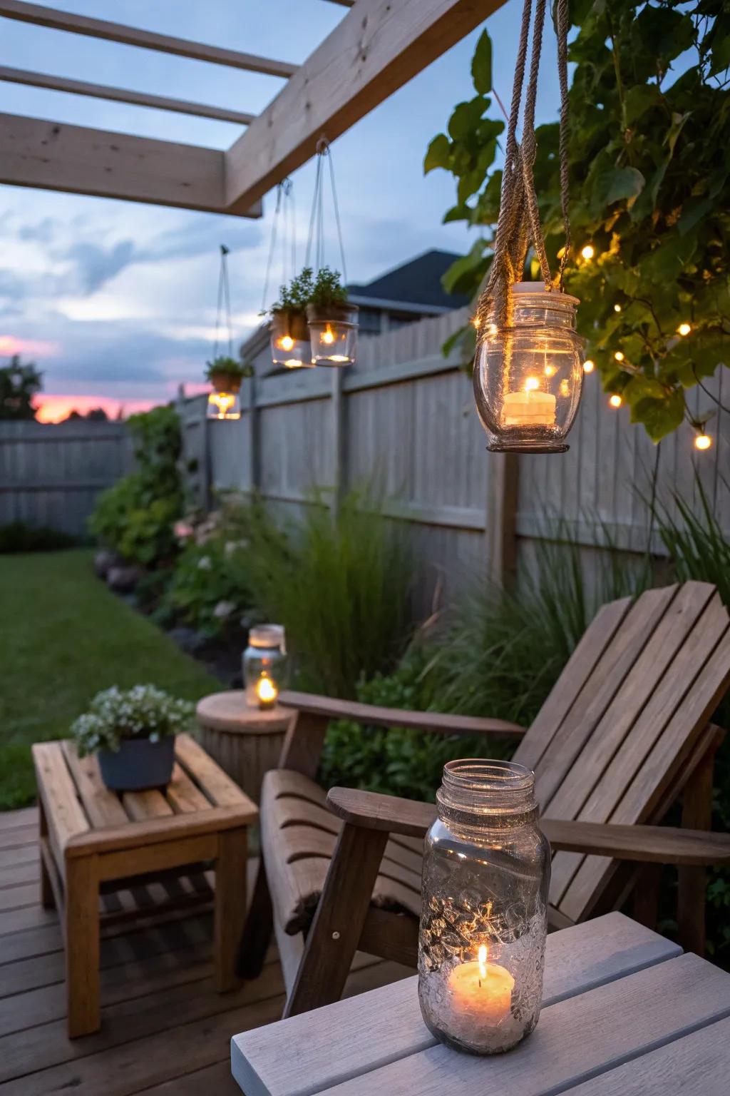 Handmade glass jar lanterns casting a warm glow.