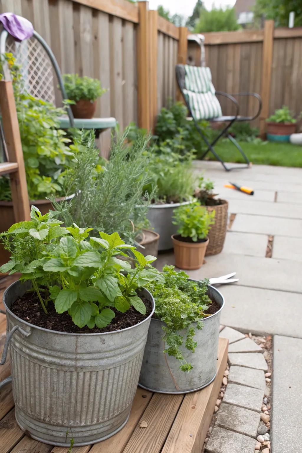 Lush herb garden thriving in recycled pots.