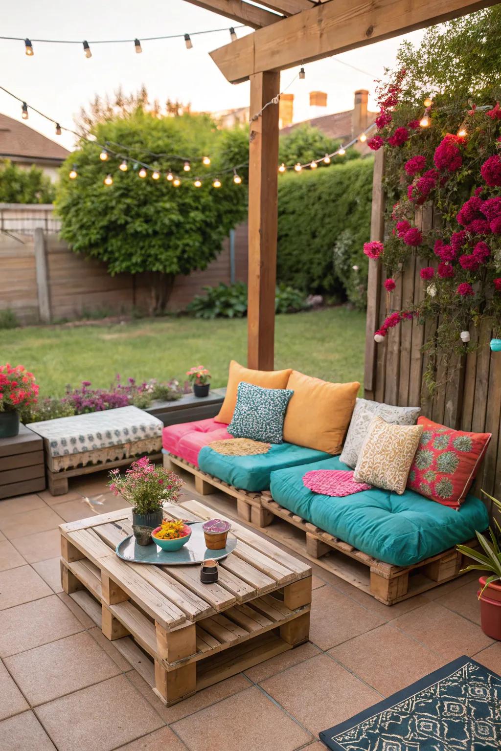 Outdoor seating made from repurposed pallets with colorful cushions.