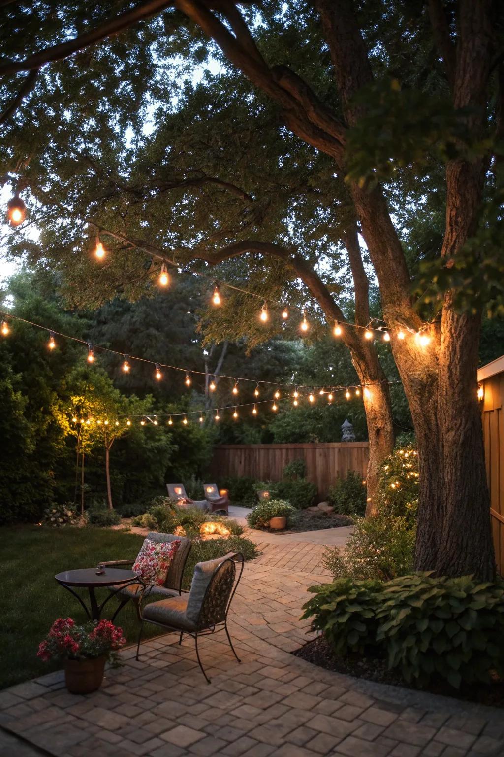 Cozy ambiance created by string lights outdoors.