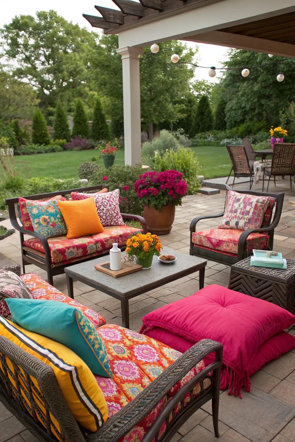 Vibrant outdoor textiles adding warmth and style.