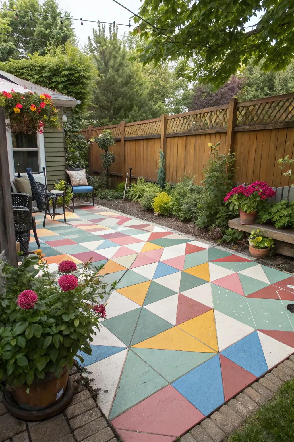 Patio floor painted with bold geometric patterns.