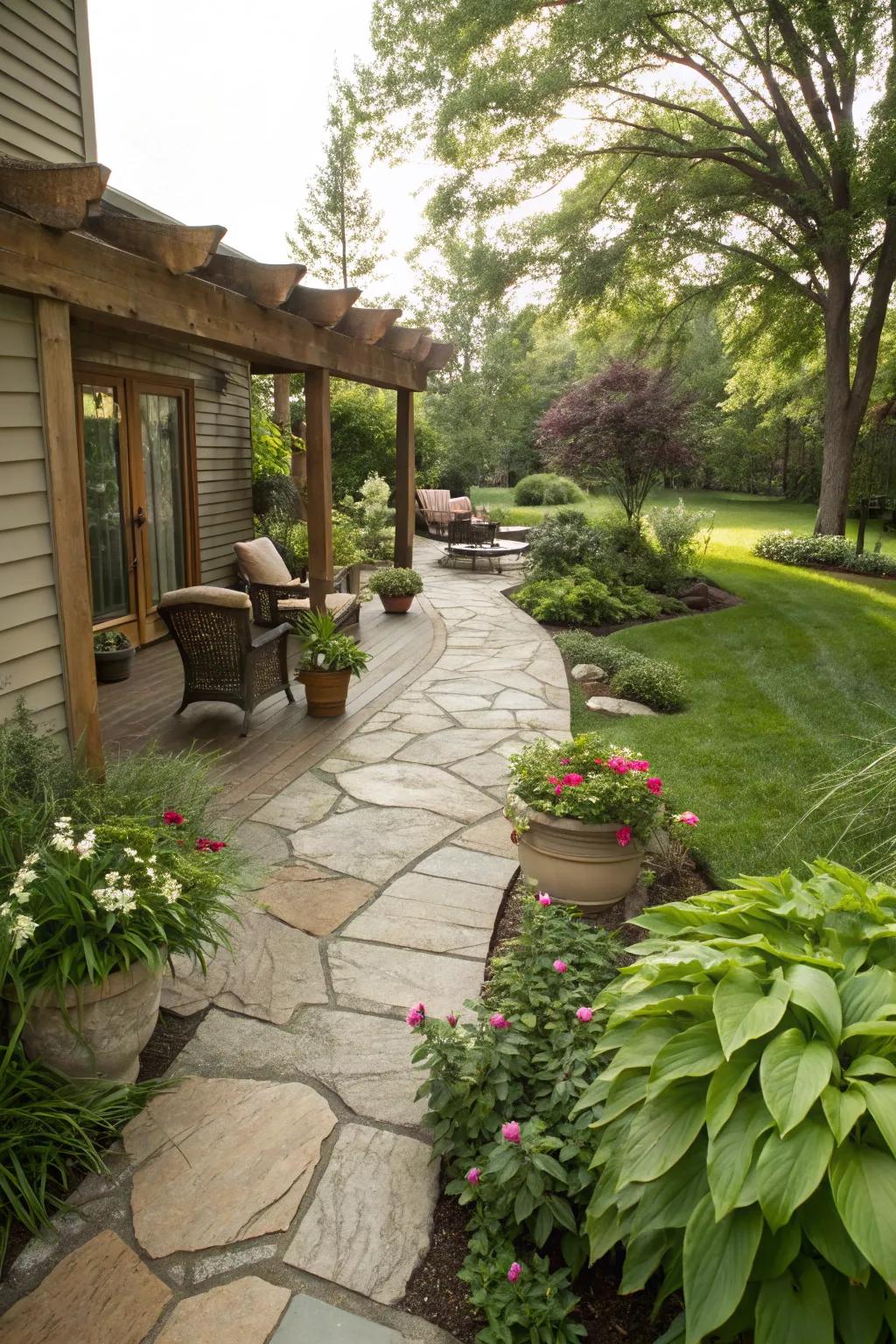 Whimsical stone path leading to the patio.