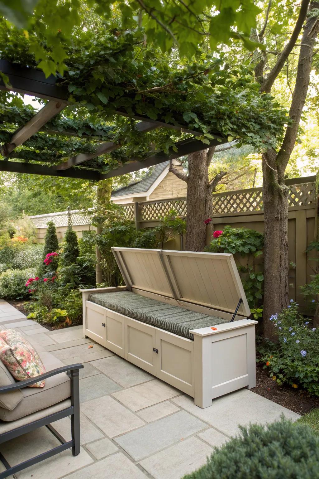 Sleek bench with hidden storage for patio essentials.