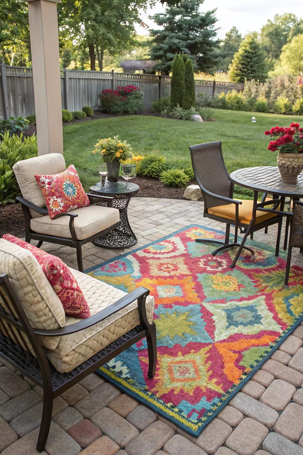 Colorful outdoor rug enhancing patio comfort and style.