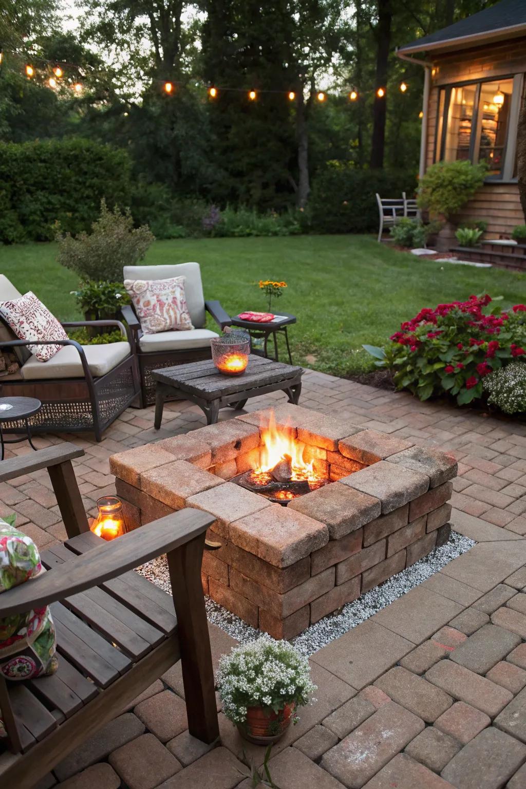 Cozy fire pit made from leftover bricks.