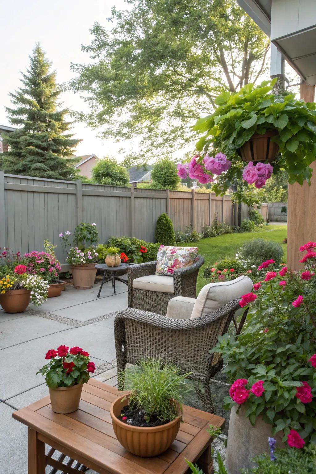 Colorful potted plants adding life to the patio.