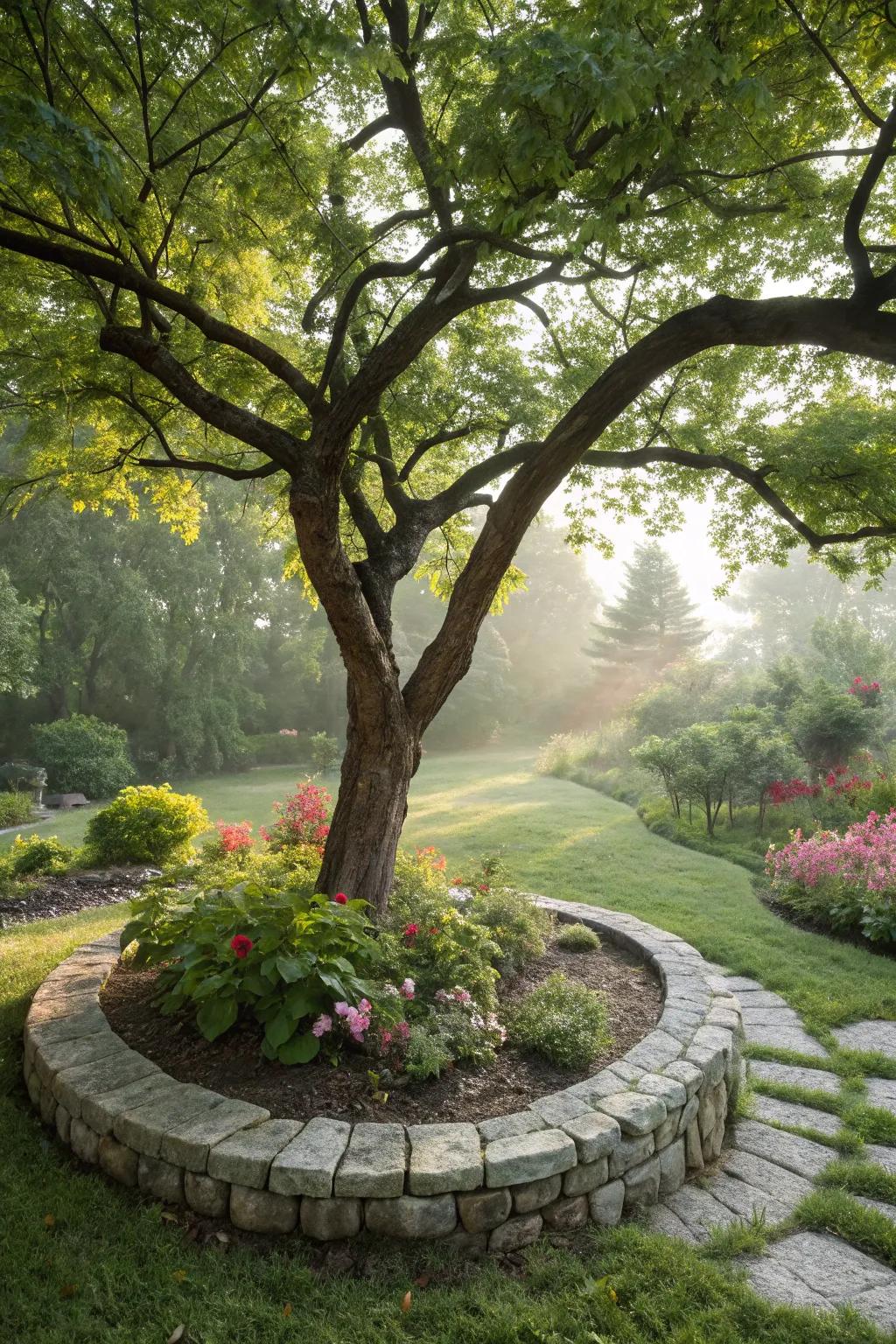 Stone borders add elegance and structure around tree bases.