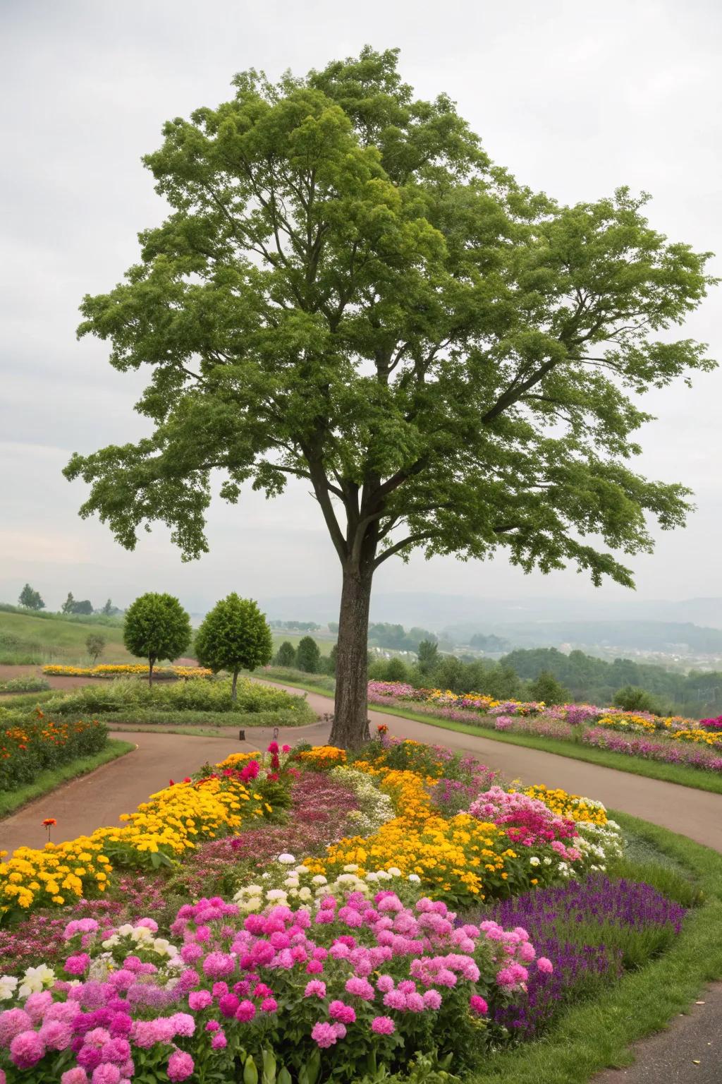 Flower beds add color and life to tree bases.