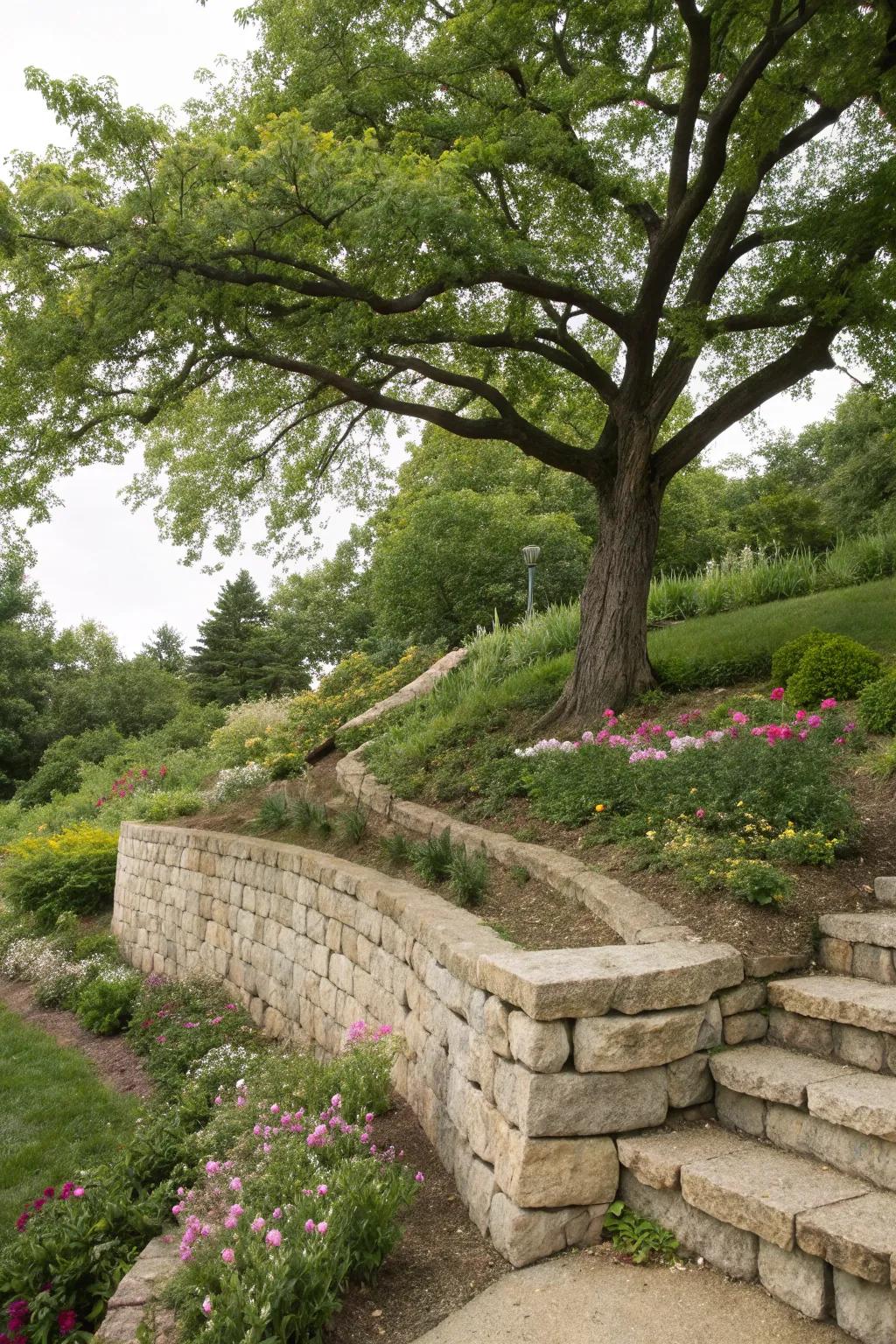 Retaining walls provide support and aesthetic appeal on slopes.