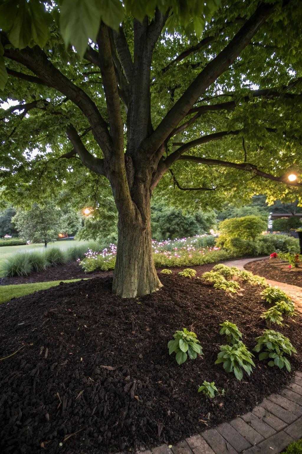 Mulch protects soil and enhances garden aesthetics around trees.