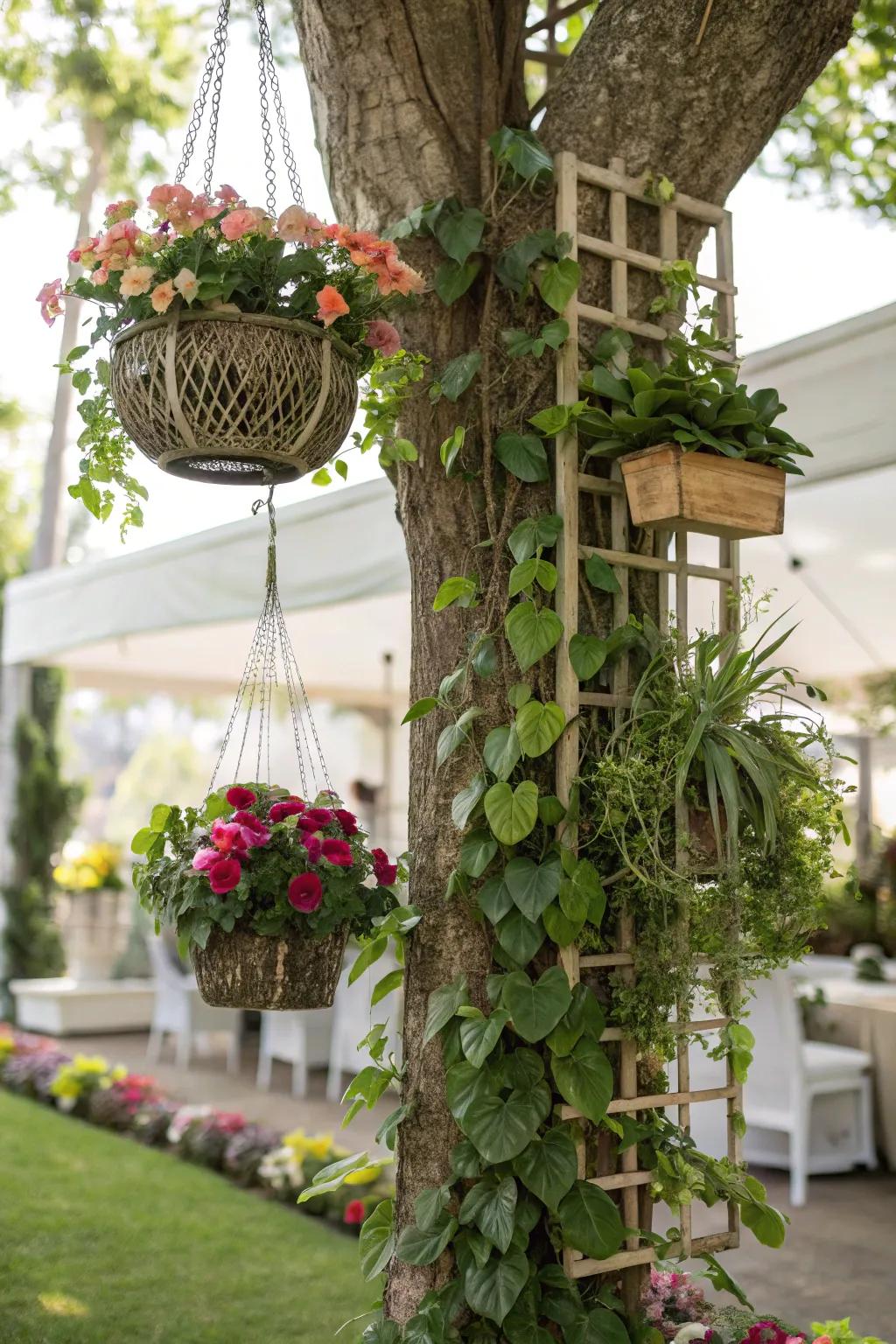 Vertical gardening adds height and interest around trees.