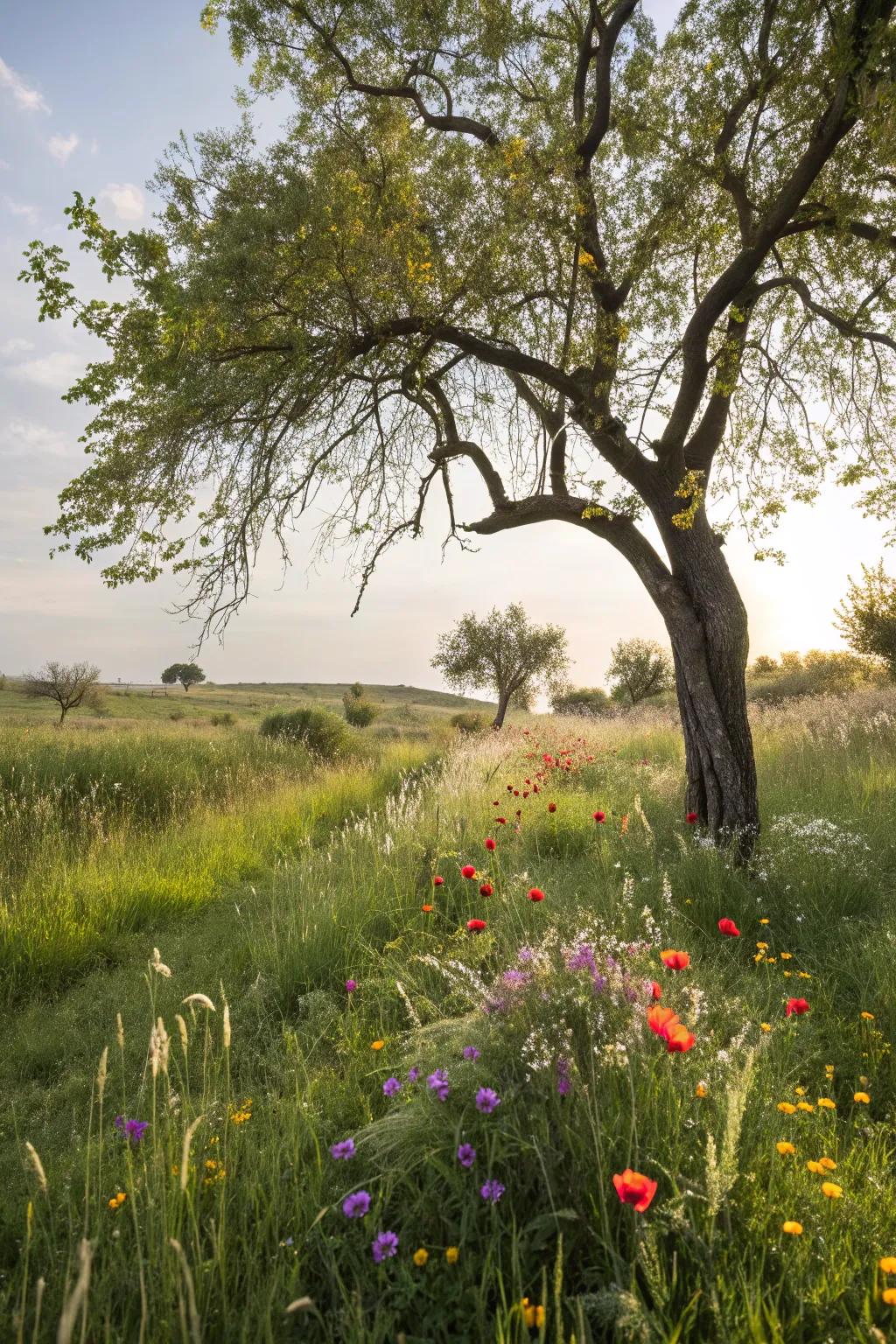 Naturalistic landscaping evokes wild garden charm around trees.