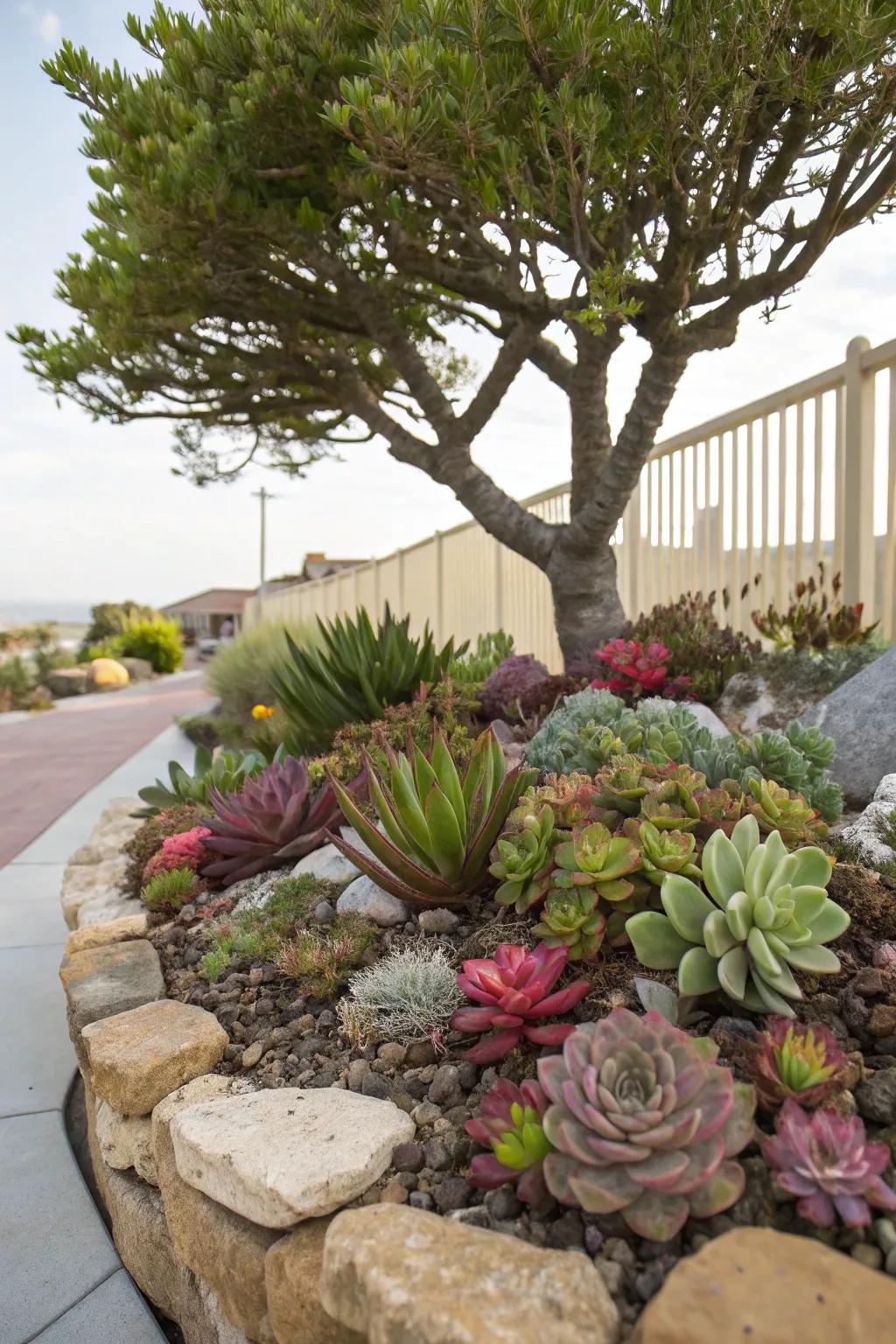Succulents add texture and a contemporary vibe near trees.