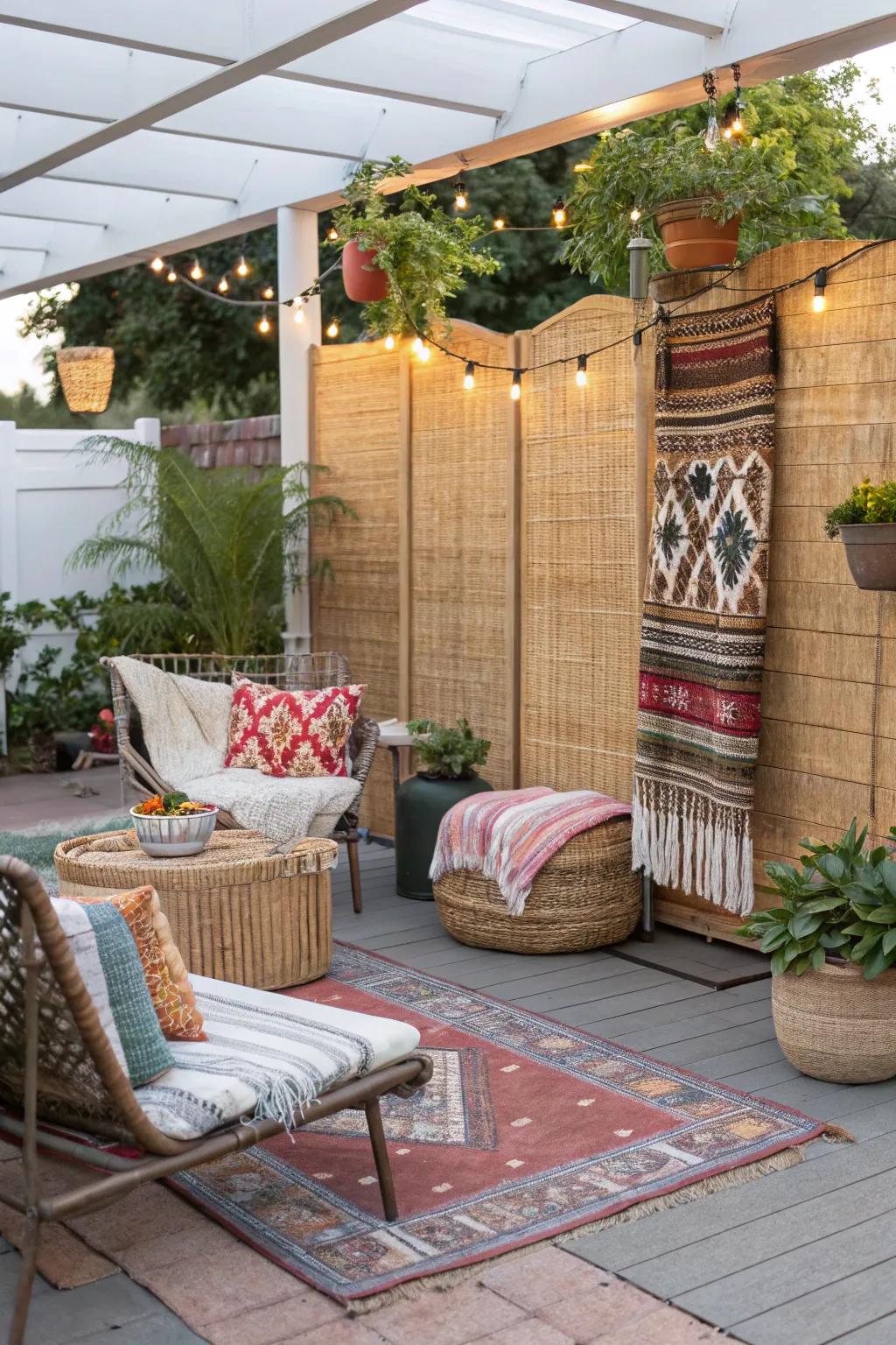 Woven textures infuse warmth and coziness into patio privacy solutions.