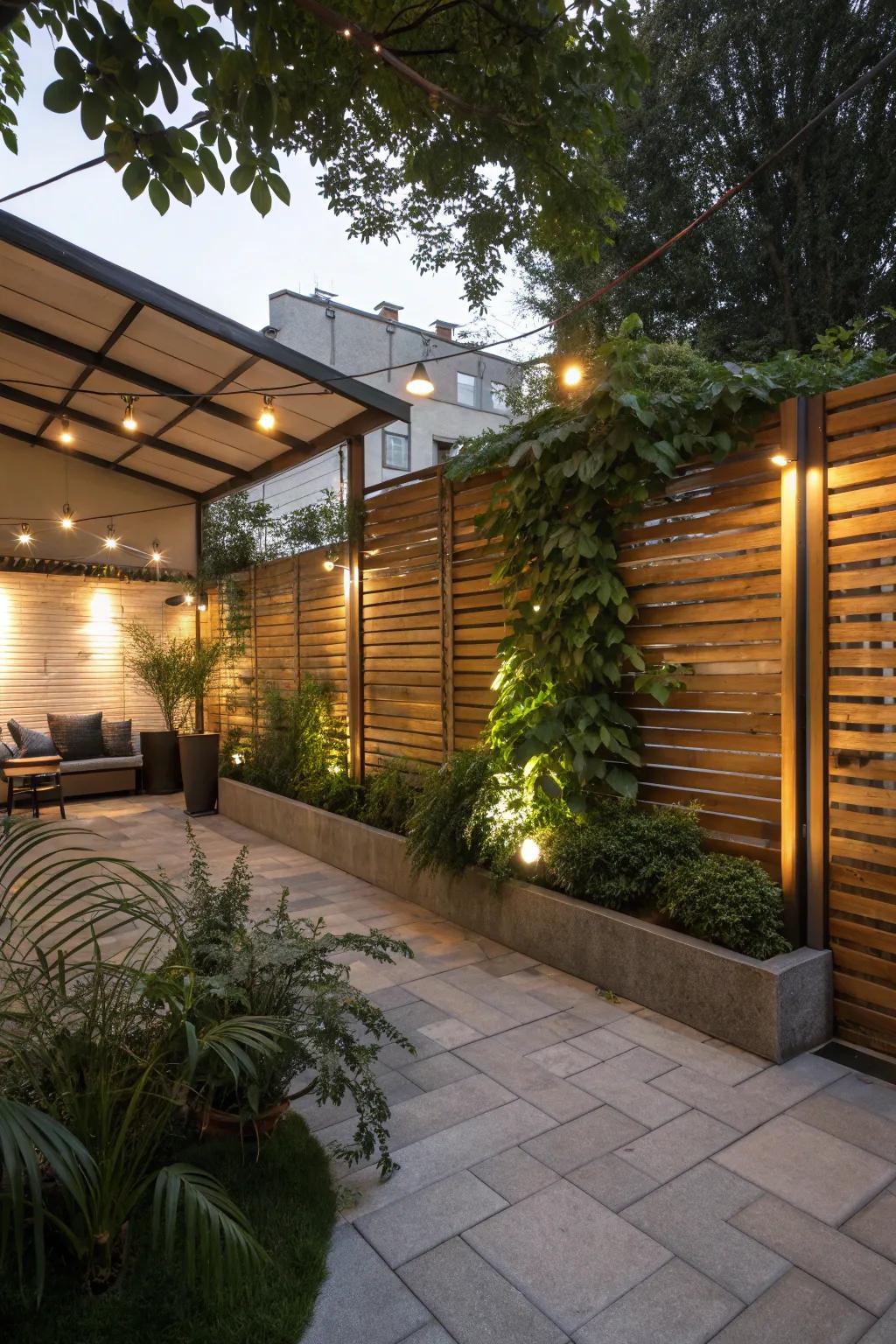 Timber dividers provide a traditional aesthetic to patio privacy, amplifying style and seclusion.