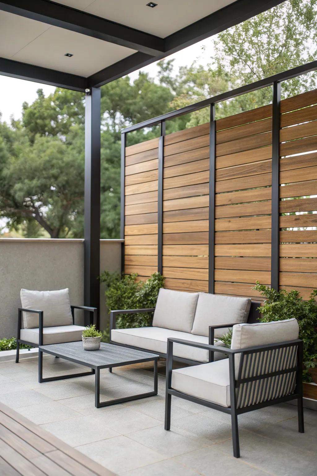 Blended materials fashion a contemporary ambiance, delivering a robust privacy solution.