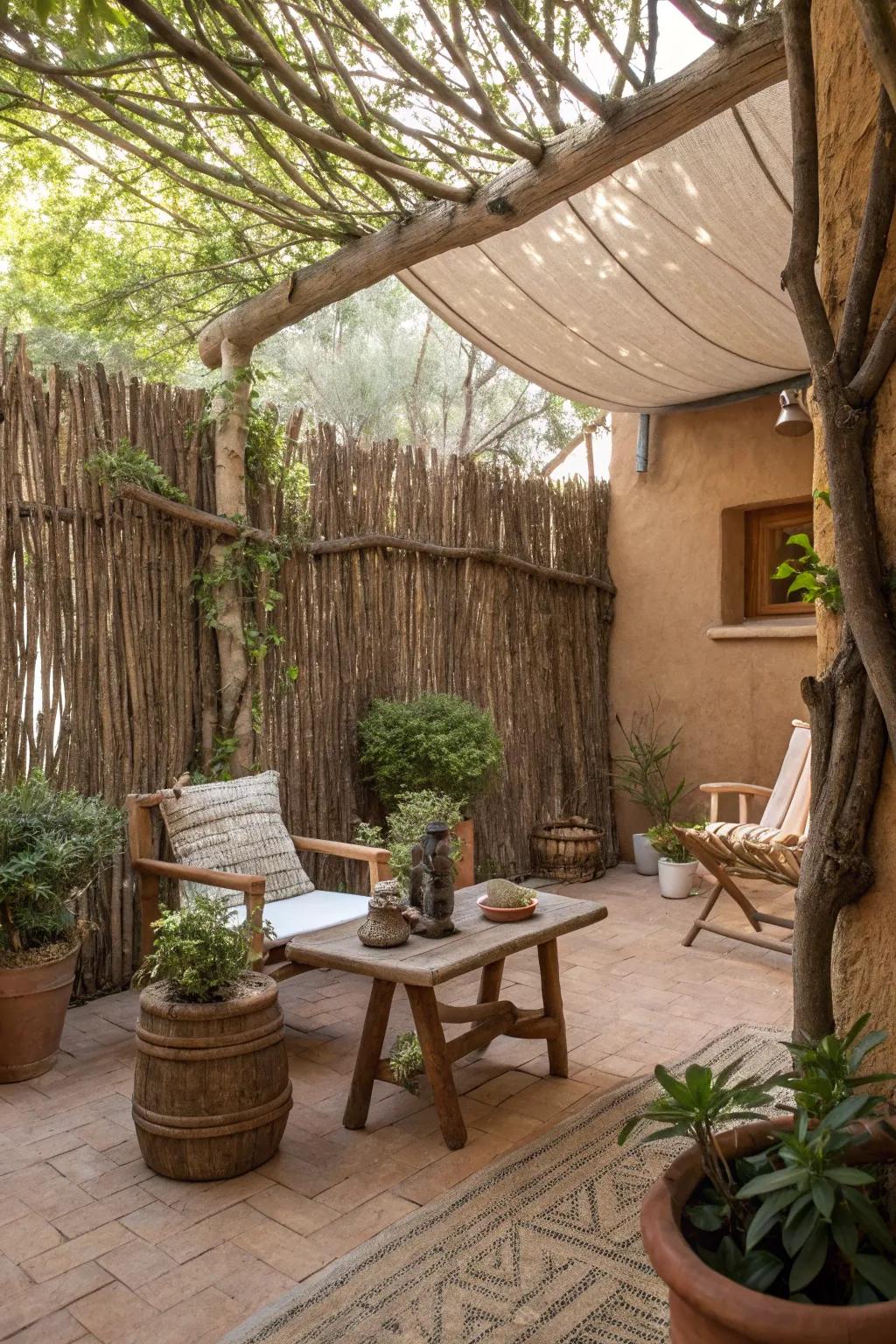 Organic textures infuse a rustic ambiance to privacy, integrating seamlessly with the outdoors.