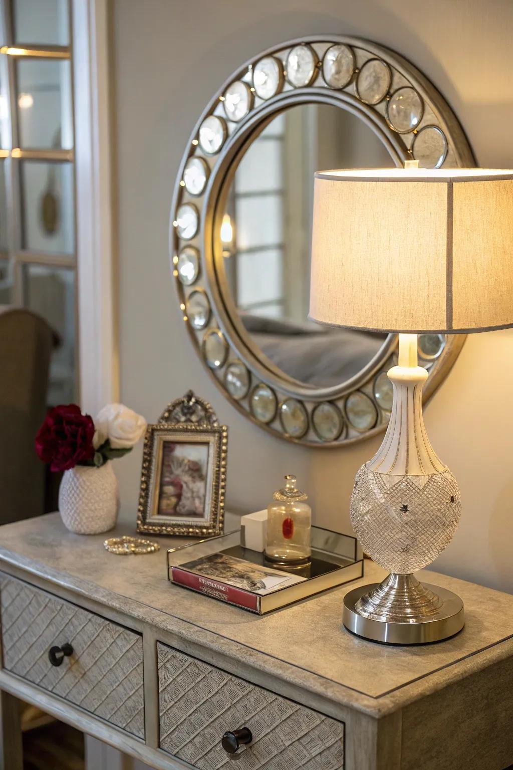 A decorative mirror adds brightness and depth to a side table.