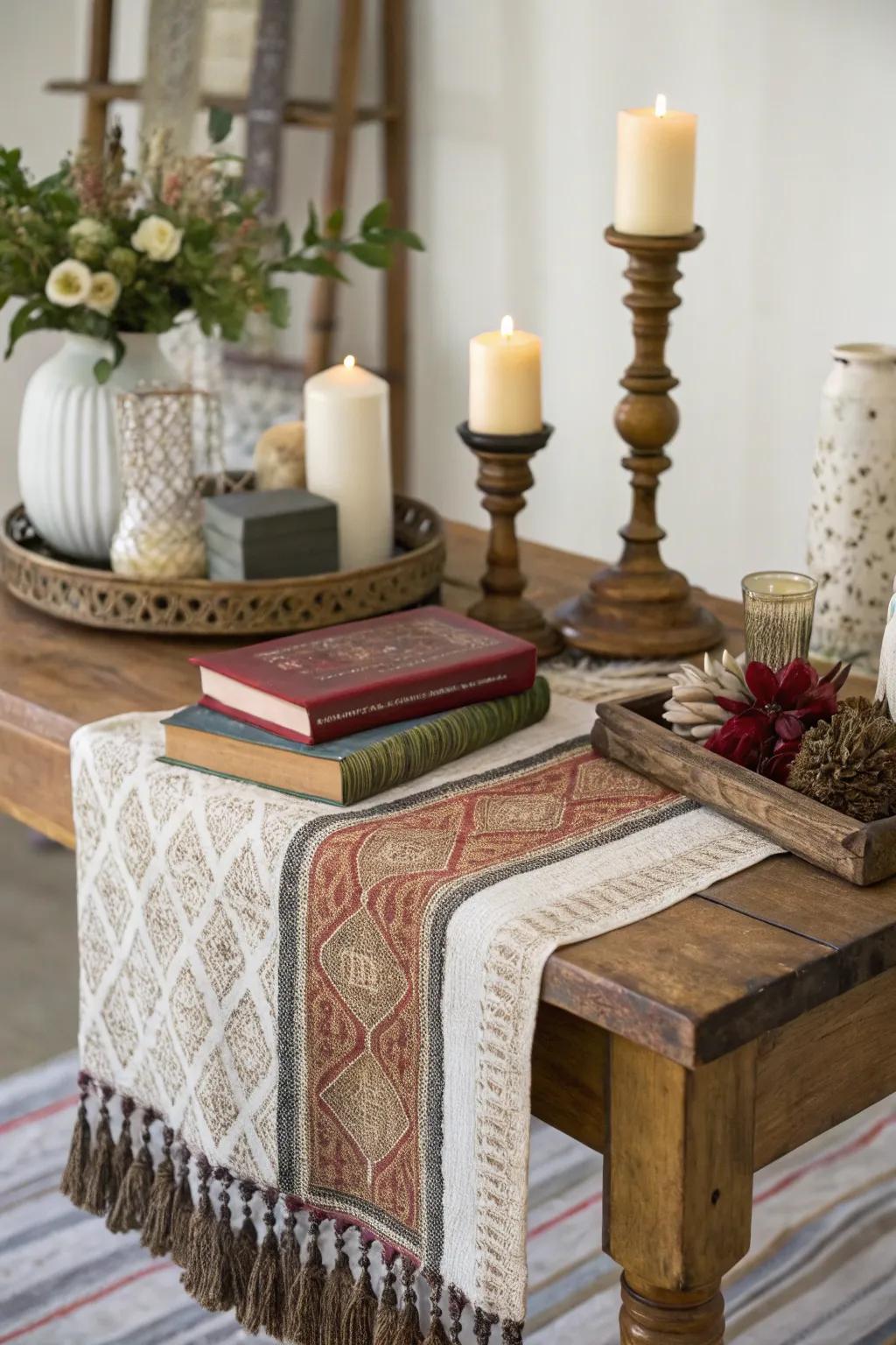 Layered fabrics add coziness and texture to a side table.