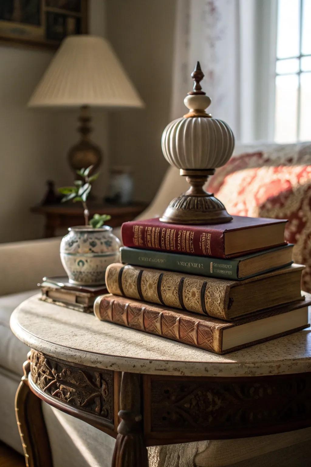 A stack of vintage books adds sophistication to a side table.