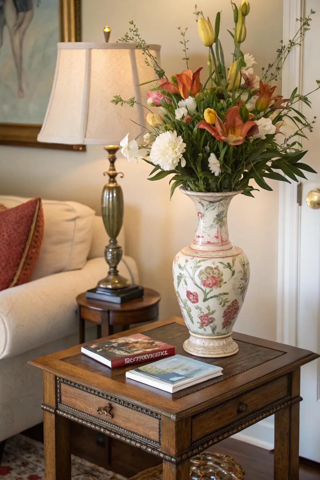 A centerpiece anchors the décor on a side table.