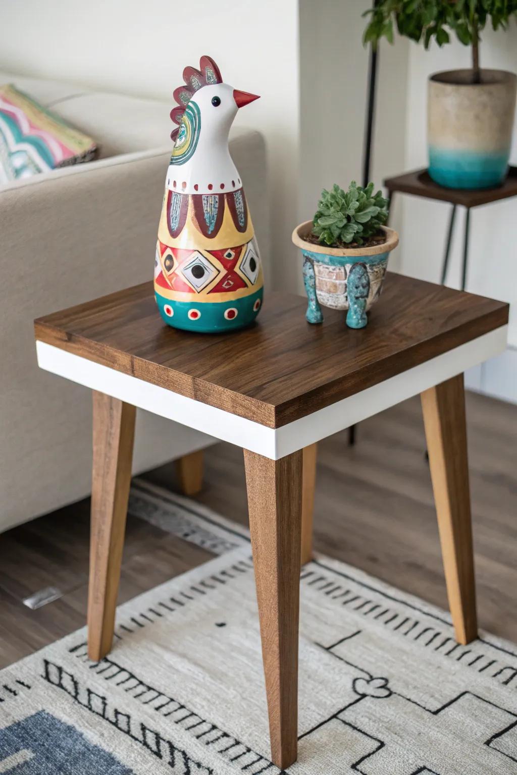 A whimsical accent adds fun to a side table.