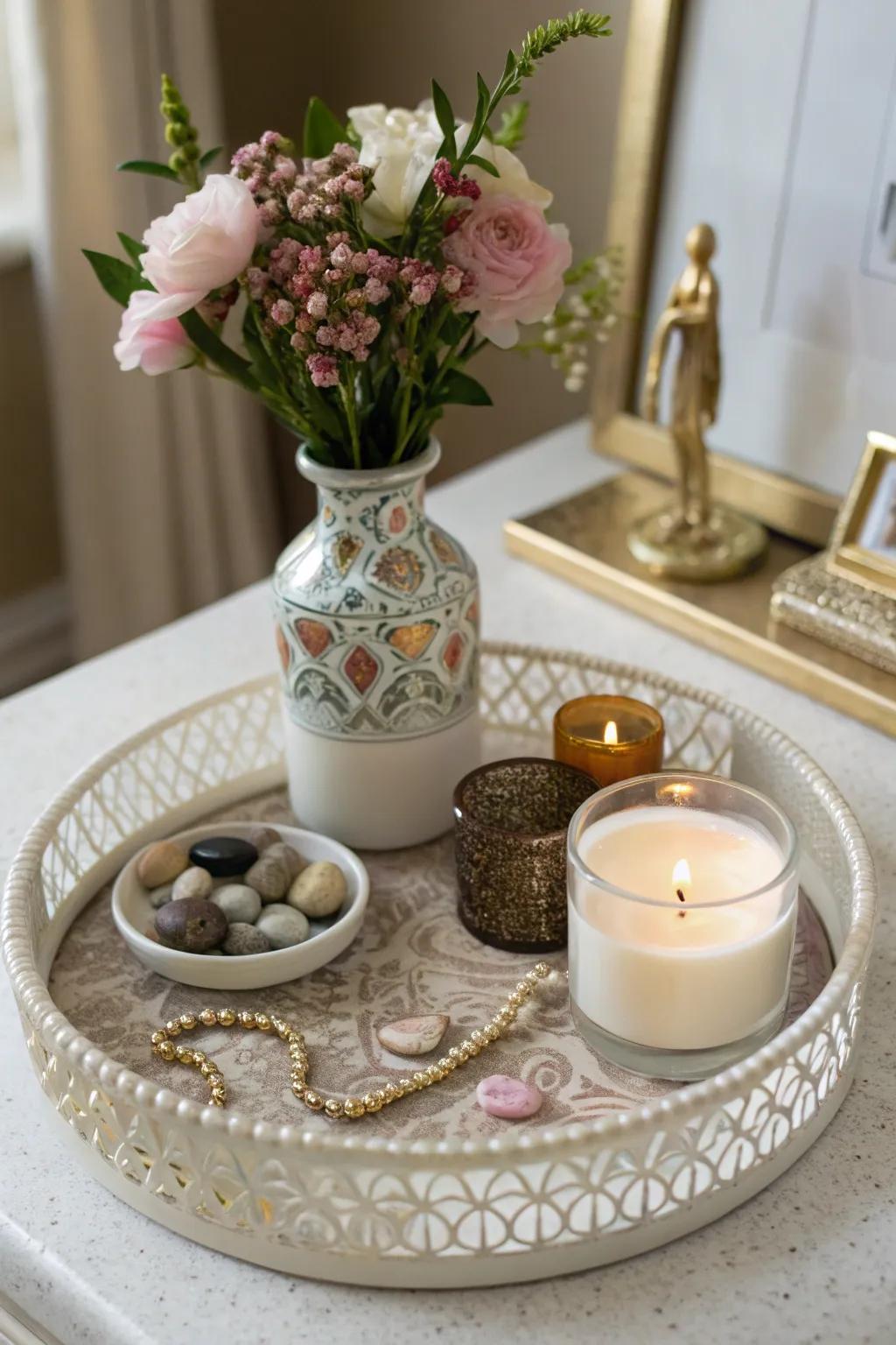 A decorative tray keeps side table items organized.
