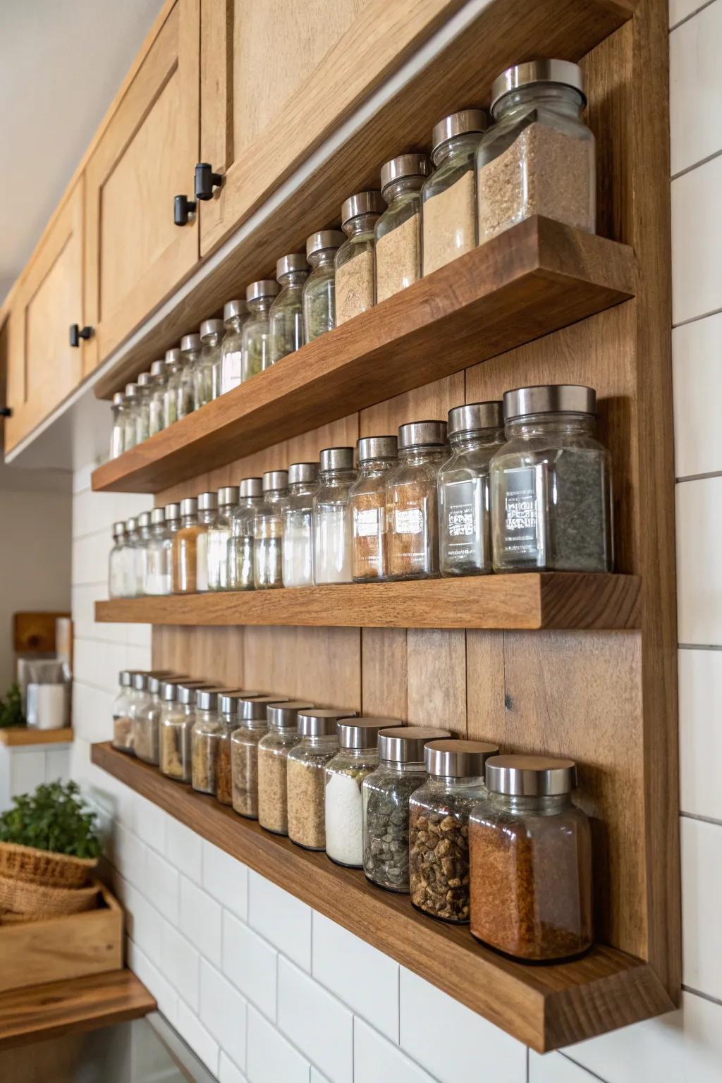 Wall-mounted shelving transforms spices into decor.
