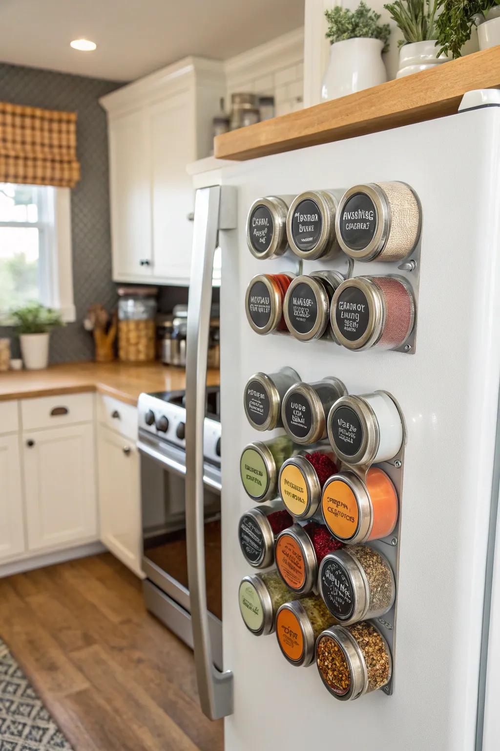 Magnetic spice racks contribute a modern accent.