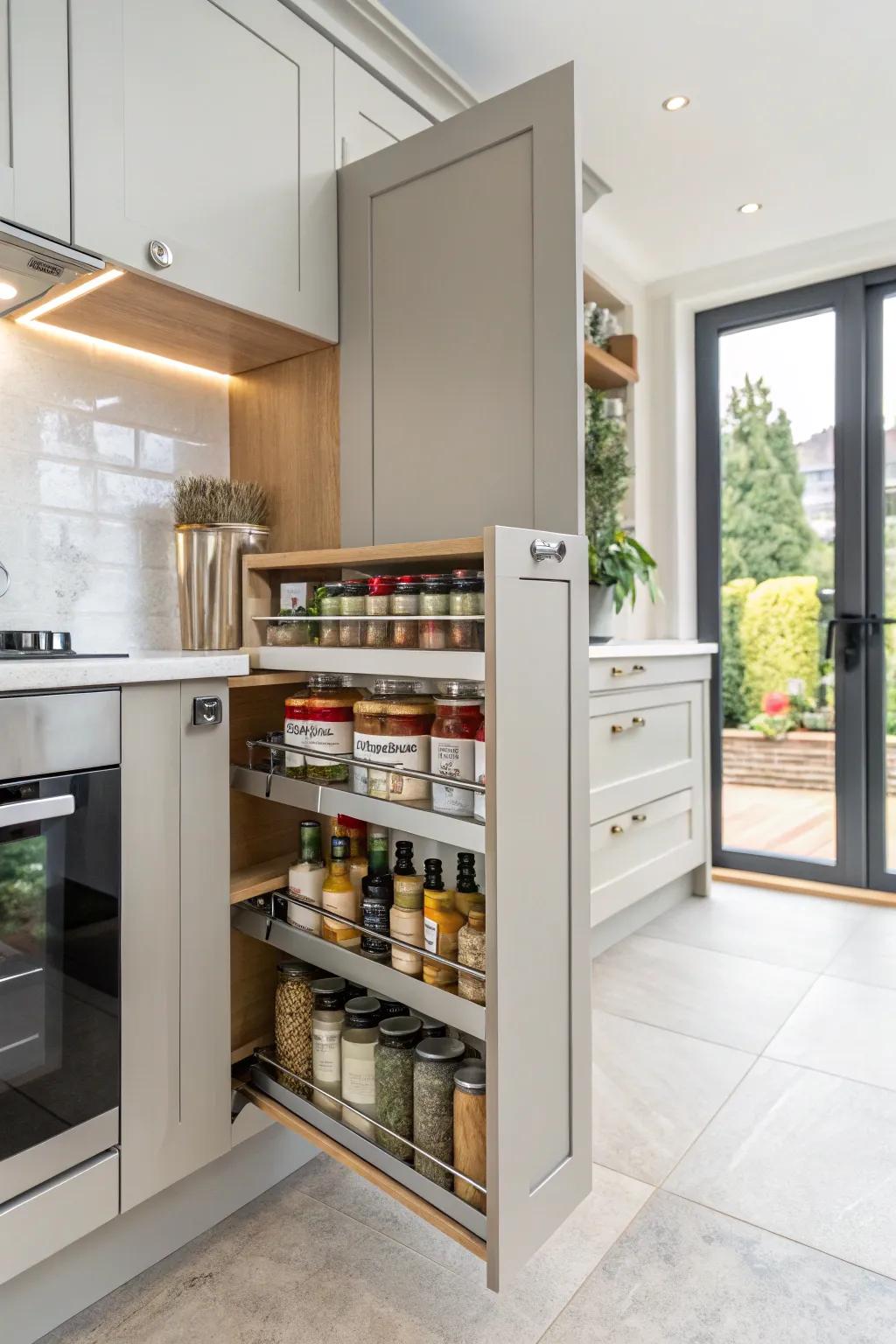 Optimize space with door-mounted spice racks.